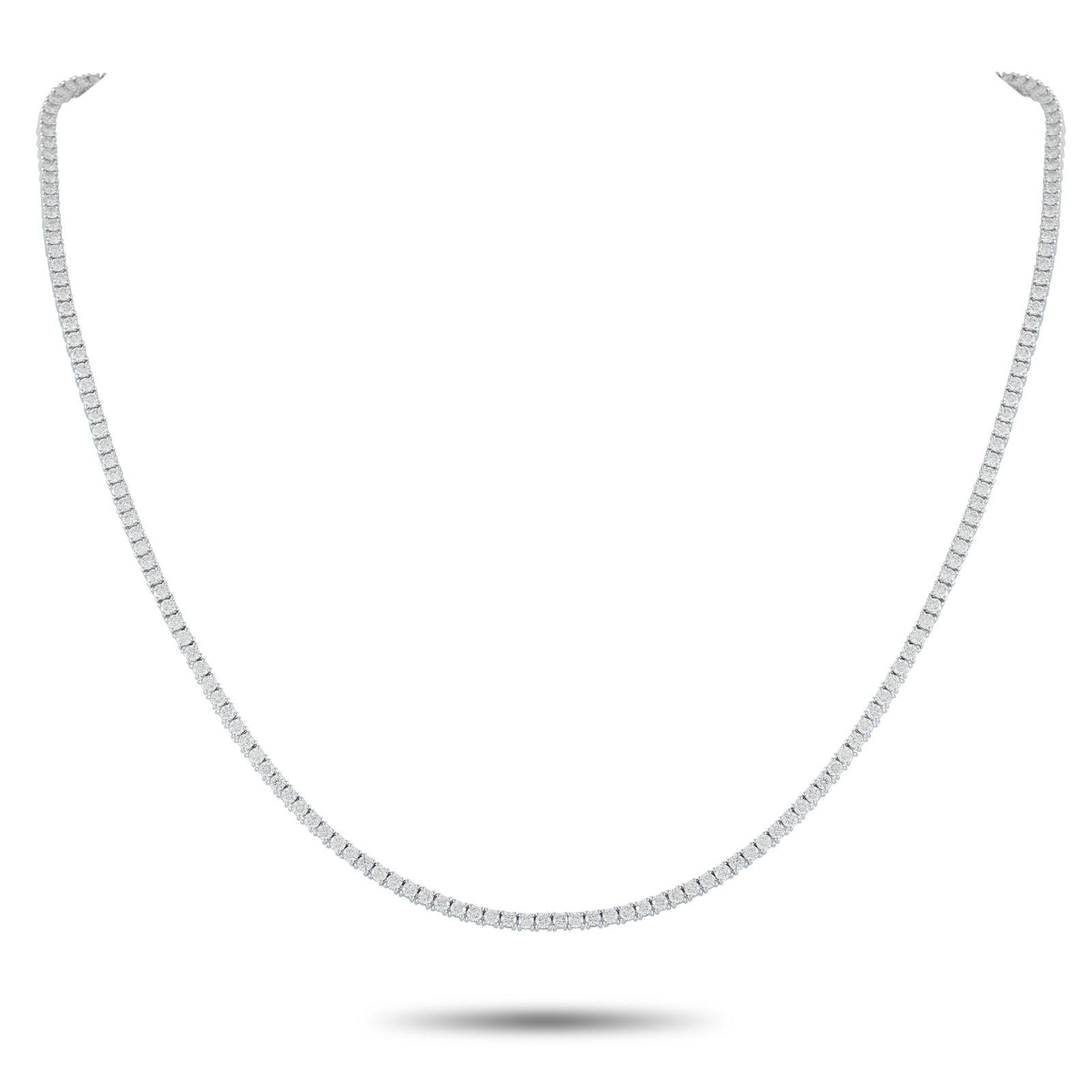 18K White Gold 5.78ct Diamond Tennis Necklace: This sleek, sophisticated tennis necklace will never go out of style. Set in 18K White Gold, a series of sparkling Diamonds totaling 5.78 carats makes it a luxury piece that will effortlessly elevate