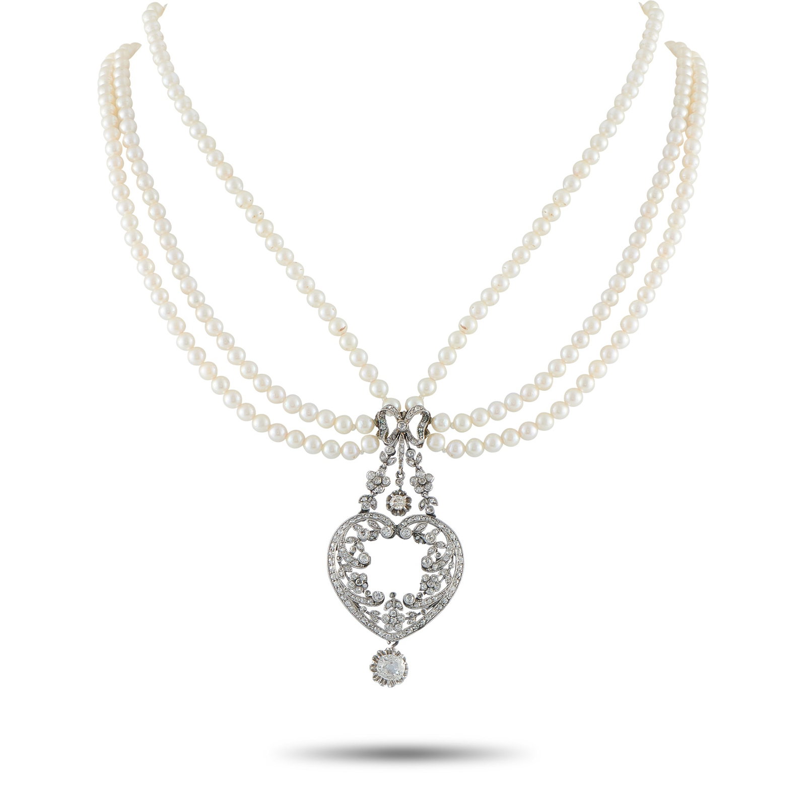 Platinum 2.45ct Diamond and Natural Pearl Multi-Strand Necklace: This breathtaking necklace exudes classic luxury. Multiple strands of natural Pearls provide this piece with a graceful design. Diamonds with a total weight of 2.45 carats accent both the central pend