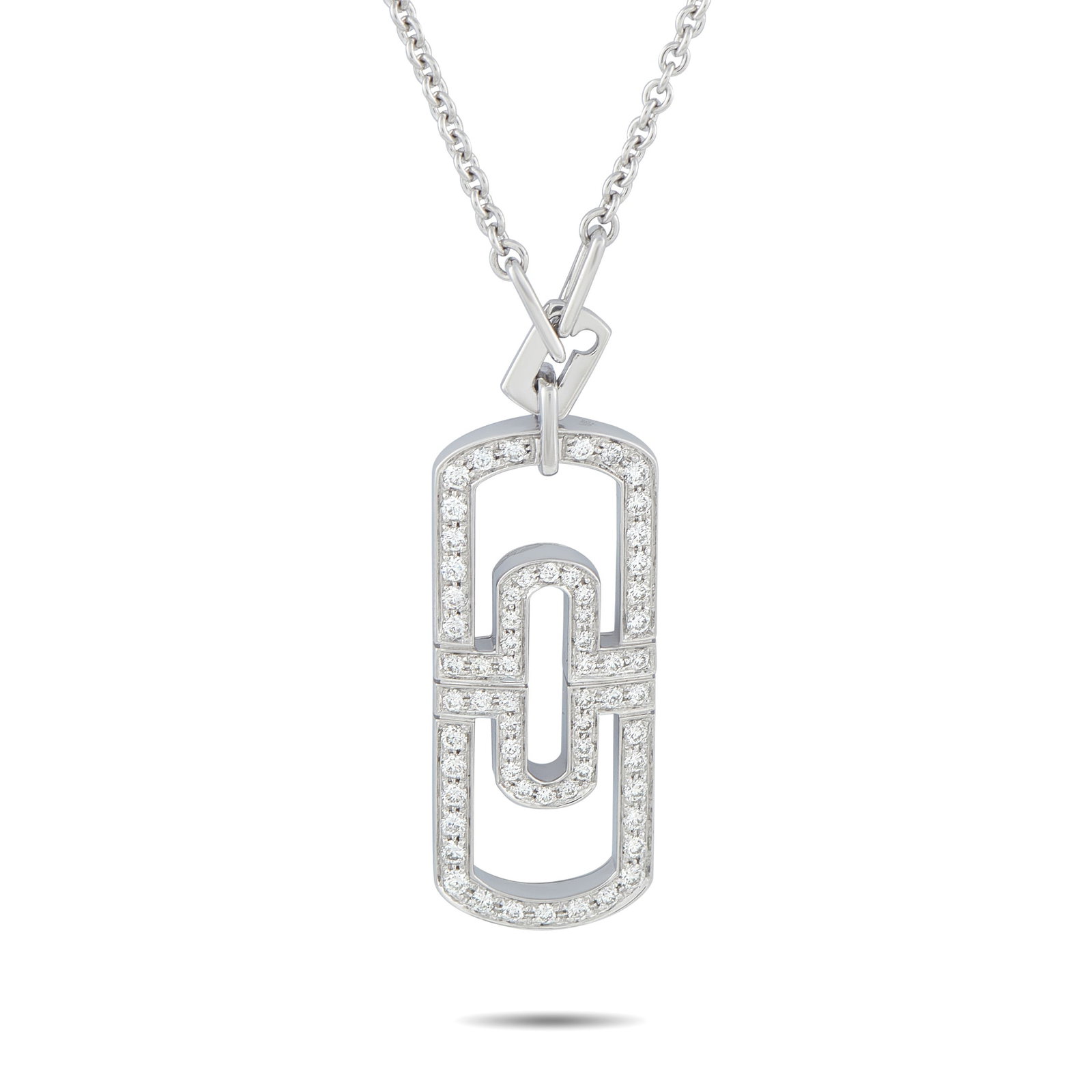 BVLGARI Parentesi 18K White Gold 1.25ct Diamond Pendant: This Bvlgari Parentesi necklace draws inspiration from Roman architecture. The exquisite pendant is crafted from 18K White Gold and shines to life thanks to inset Diamonds with a total weight of 1.25