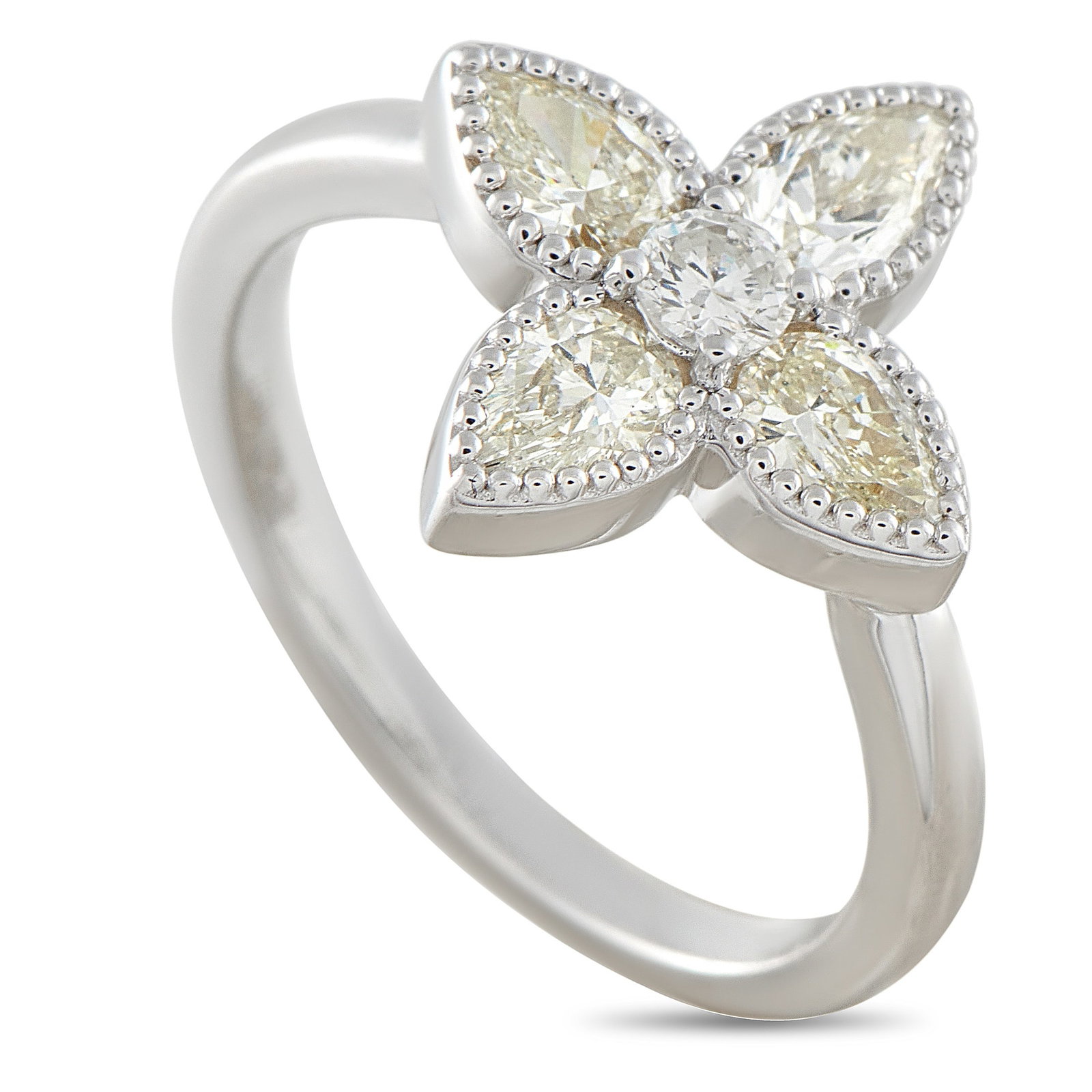 18K White Gold 0.95ct Diamond Four Petal Flower Ring: An 18K white gold ring topped with a four-petal bloom centerpiece. Crisp and luminous, the flower motif’s round diamond center is surrounded by fur pear-cut diamond petals. Each “petal” is f