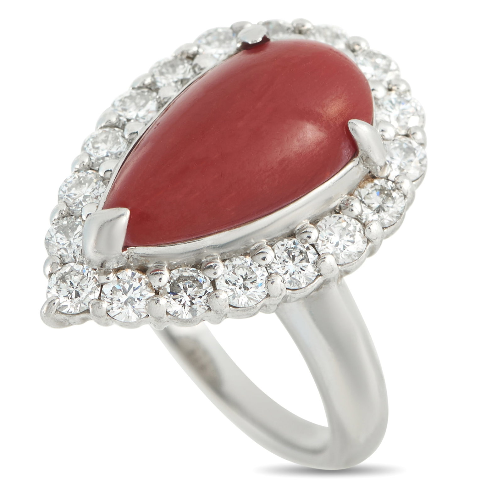 Platinum 1.27ct Diamond and Coral Ring: In this Exclusive ring, the 5.19-carat coral cabochon takes center stage with its vivid hue, smooth surface, and teardrop shape. Set in three claw prongs, it sits within a halo of round diamonds that
