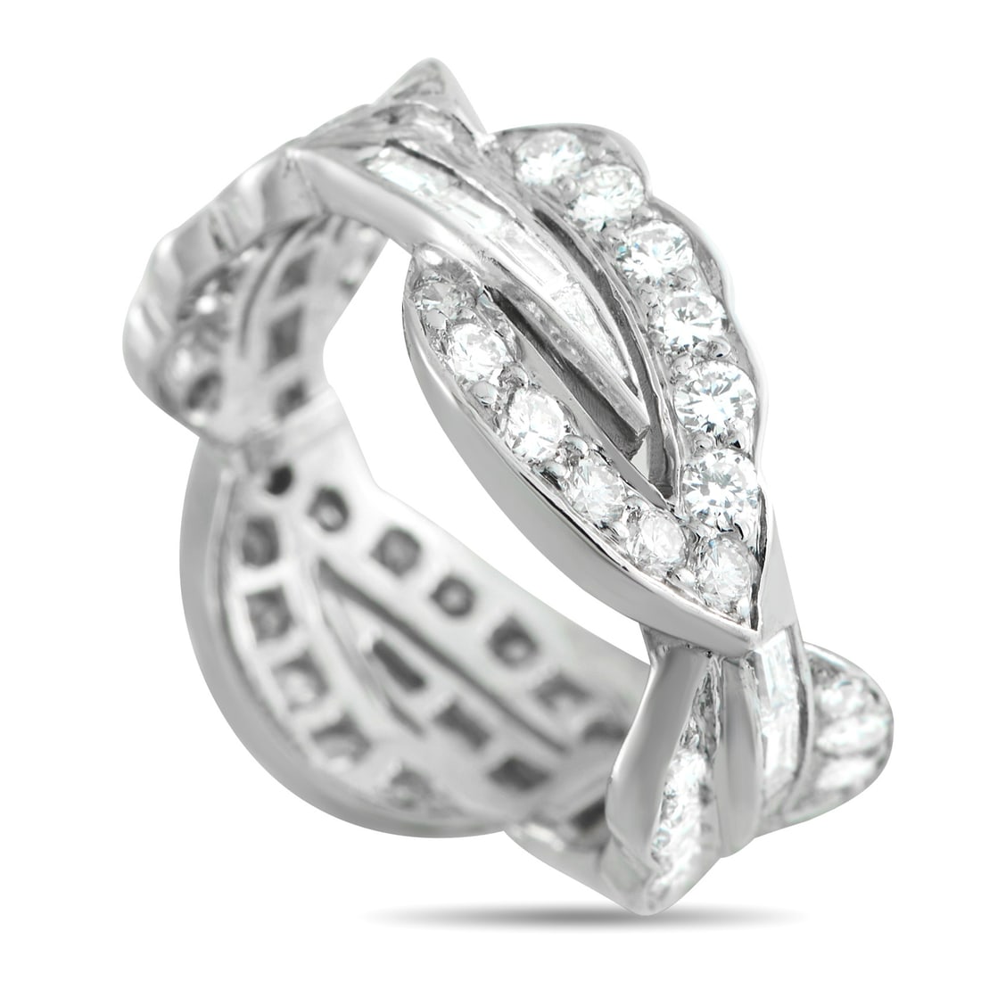 18K White Gold 1.46ct Diamond Ring: A woven design makes this ring instantly captivating. A combination of round-cut Diamonds and Diamond baguettes with a total weight of 1.46 carats cover the entirety of this exquisite accessory. Set i