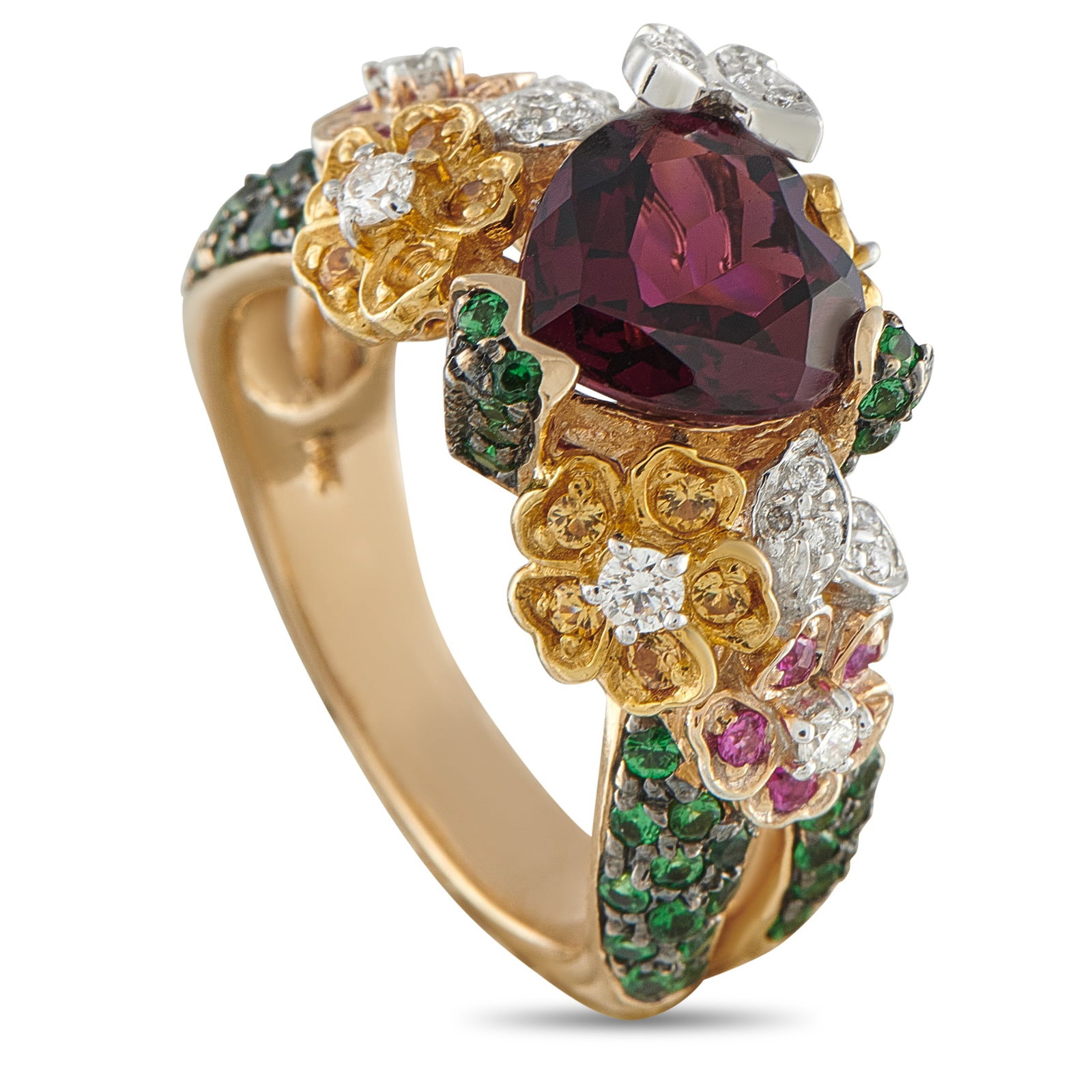 14K Yellow Gold Diamond, Sapphire, and Rubellite Ring: This impeccably crafted ring is filled with romantic details. A heart-shaped 3.35 carat Rubellite gemstone makes a statement at the center of the opulent 14K Yellow Gold setting. On the sides, colorfu