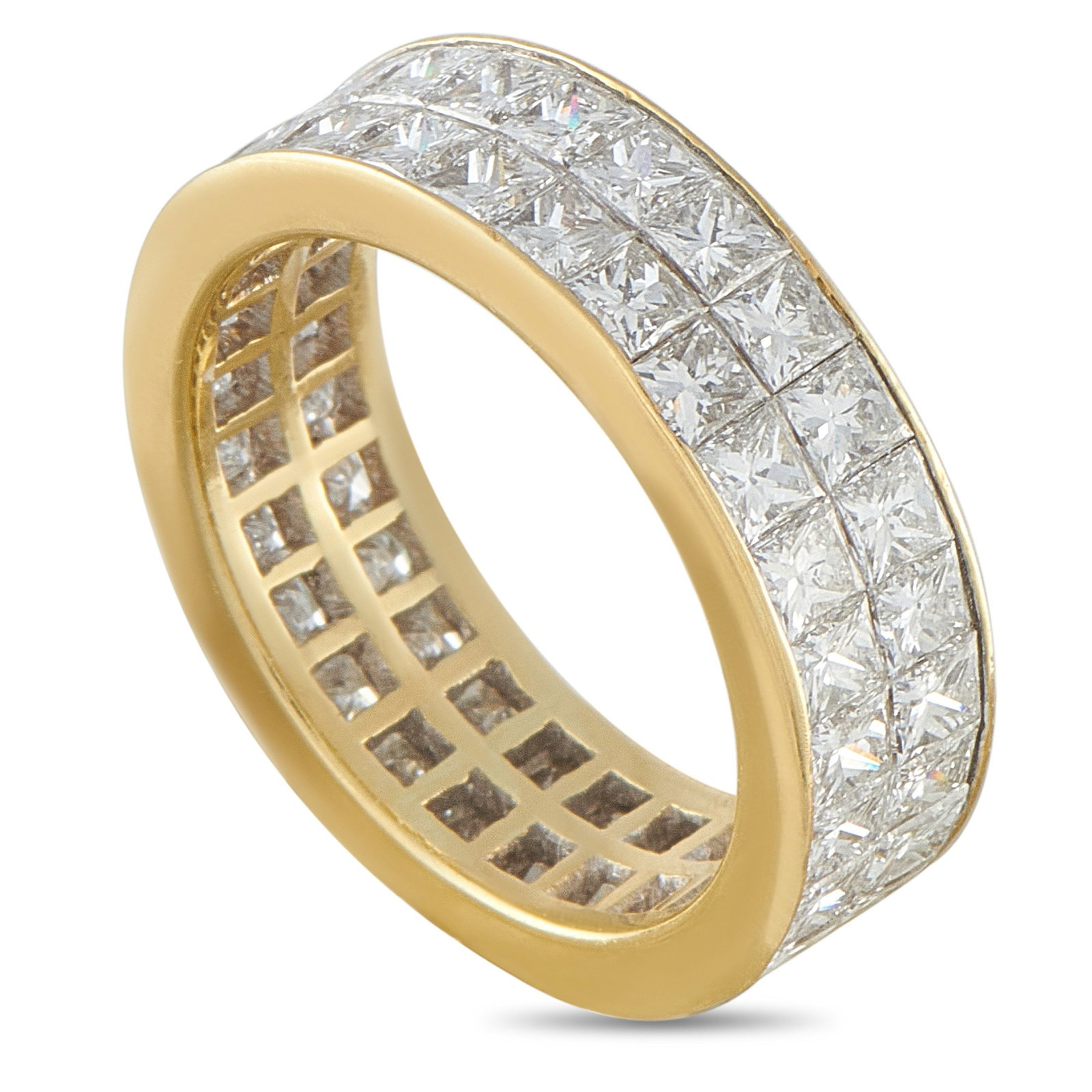 Exclusive 18K Yellow Gold 3.60ct Diamond Two-Row Eternity Band: This eternity band ring is endlessly impressive. Perfect for anyone who appreciates obvious luxury, the center of the design comes to life thanks to invisible set Diamonds with a total weight of 3.60