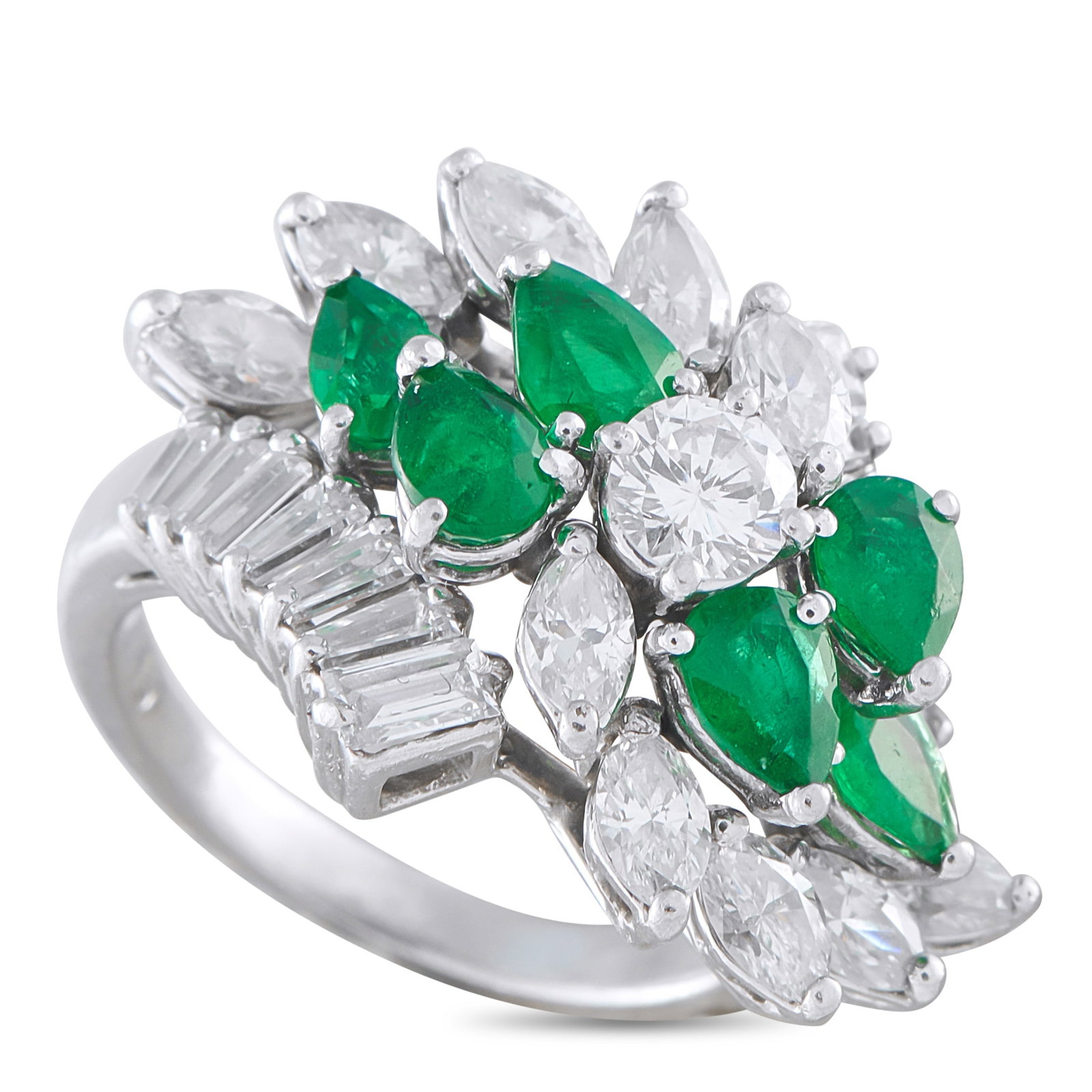 Platinum 2.16ct Diamond and Emerald Ring: A dynamic design makes this luxury ring simply unforgettable. Set in Platinum, it comes to life thanks to a stunning combination of Diamonds totaling 2.16 carats and Emeralds with a total weight of