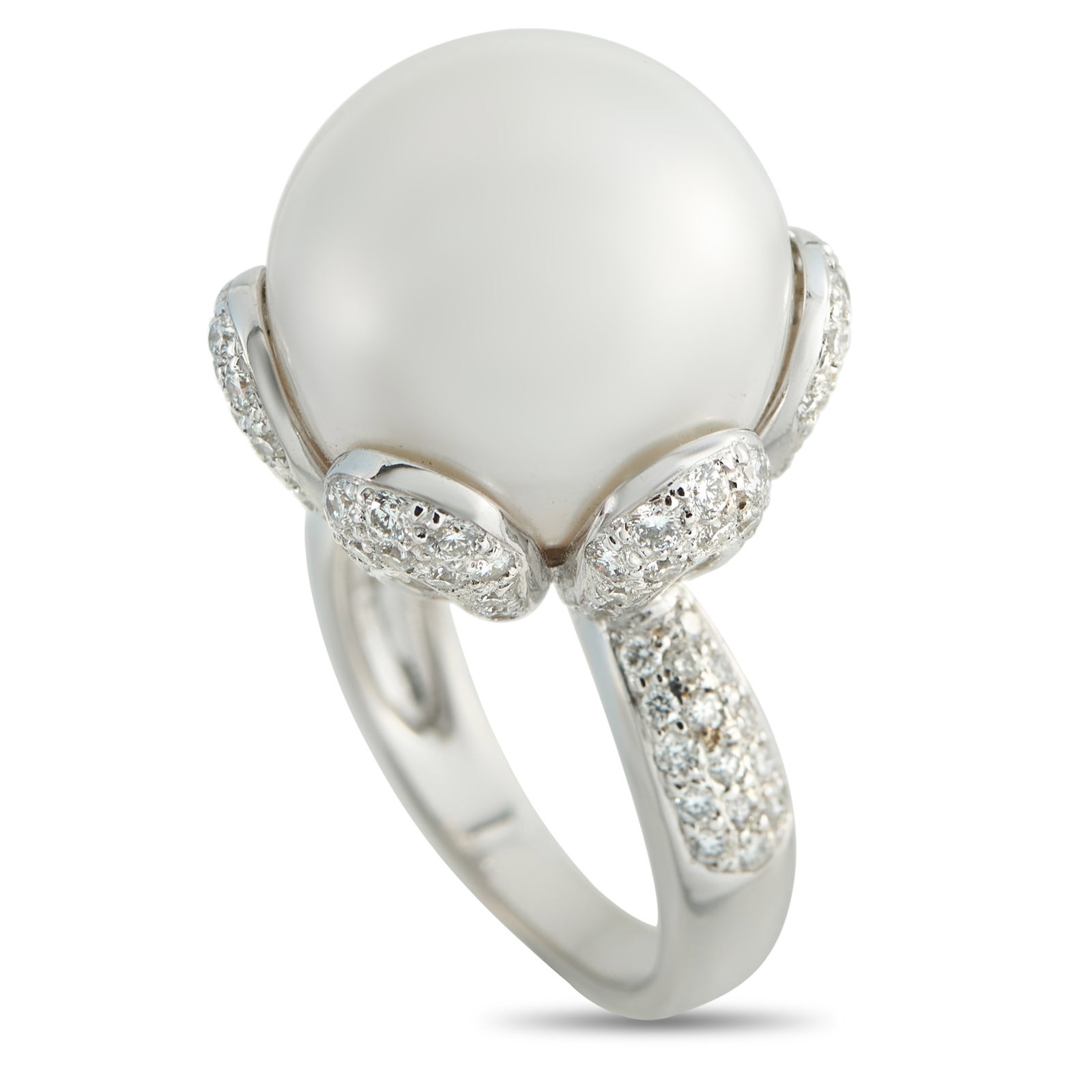 18K White Gold 1.38ct Diamond and Pearl Ring: A luminous 16mm Pearl makes a statement at the center of this dazzling luxury ring. Crafted from 18K White Gold, the scalloped setting shines to life thanks to inset Diamonds with a total weight of 1.