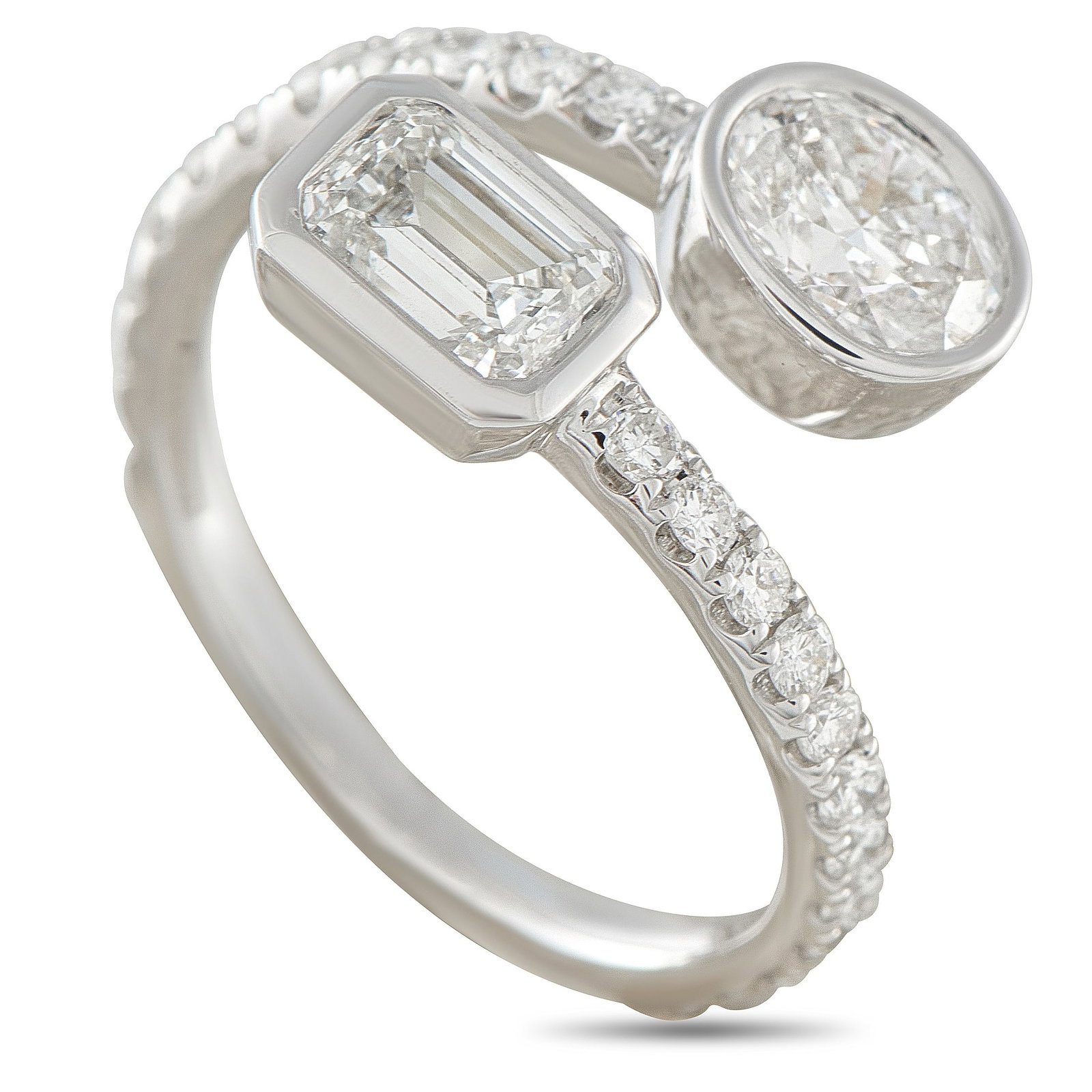18K White Gold 1.95ct Diamond Bypass Ring: This bypass ring is ideal for anyone who appreciates understated luxury. The charming 18K White Gold setting wraps around the finger and is bookended by sparkling Diamonds totaling 1.50 carats. Additi