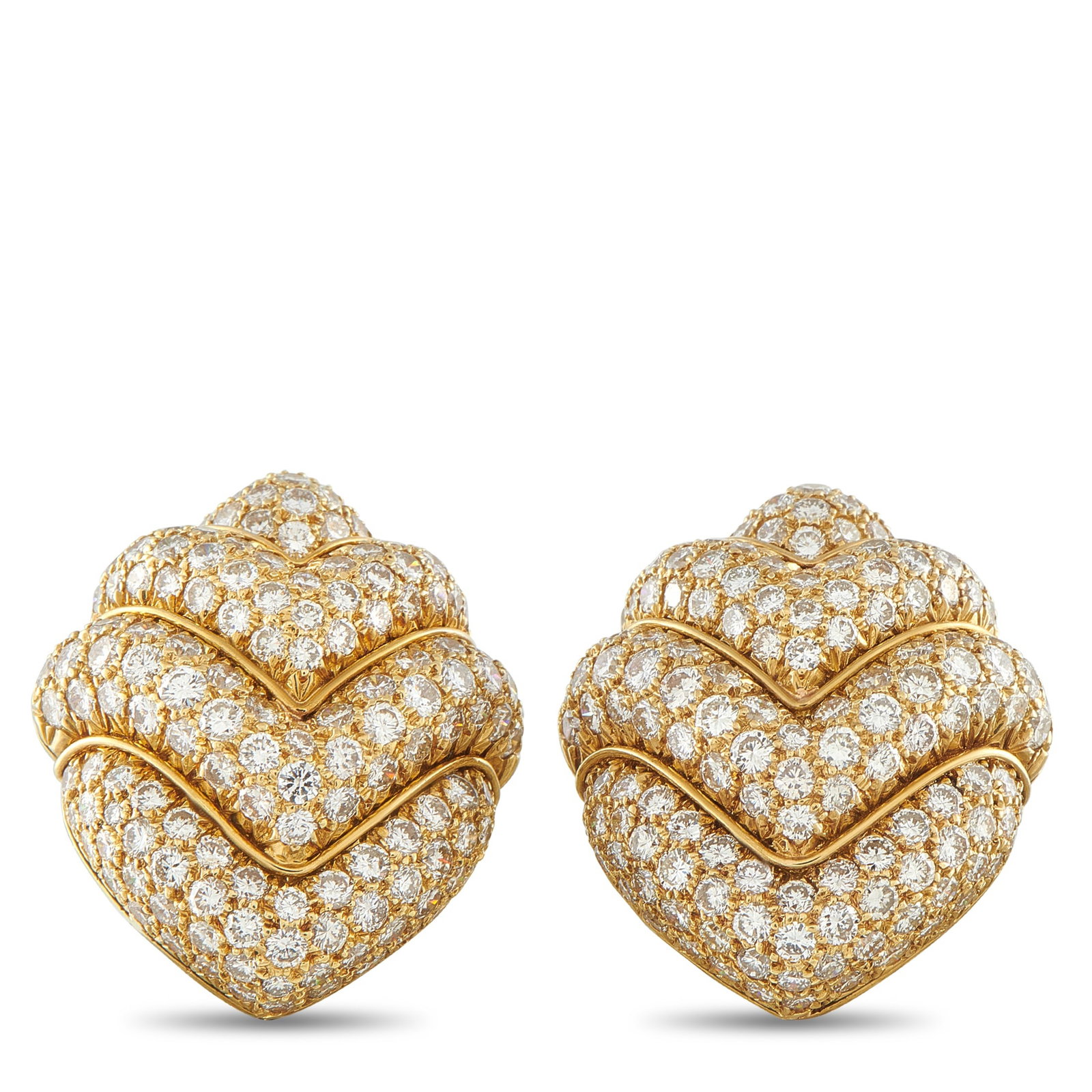 BVLGARI 18K Yellow Gold 10.07ct Diamond Clip-On Earrings: These Bvlgari earrings are meant to make a statement. Set in 18K Yellow Gold, sparkling Diamonds with a total weight of 10.70 carats make them incredibly impressive. Each earring measures 1.13”