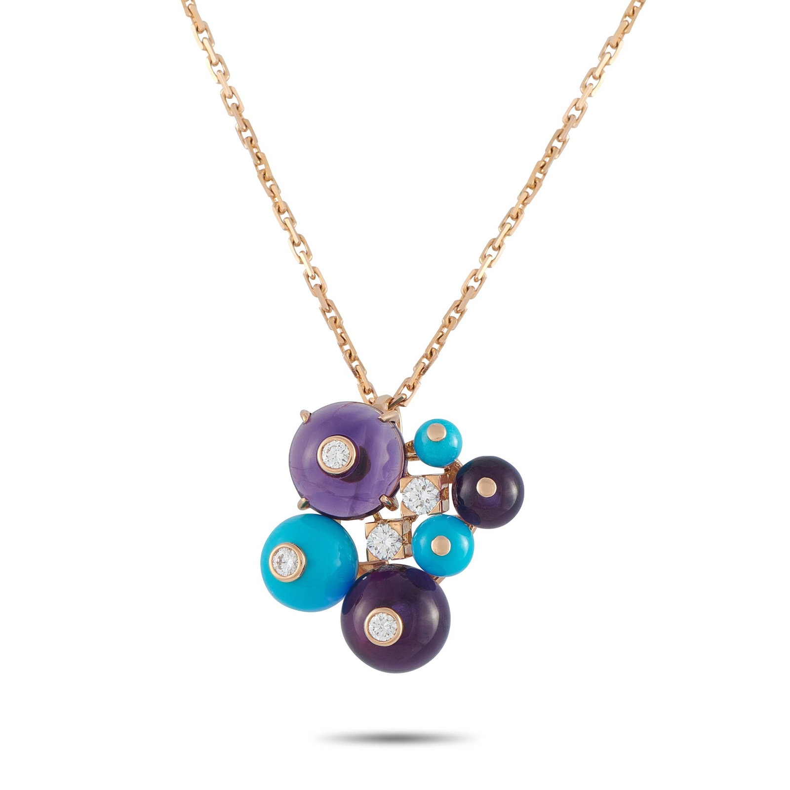 CARTIER Delices de Goa 18K Rose Gold Diamond, Amethyst, and Turquoise Pendant: This Cartier Delices de Goa necklace is a playful piece that will fill your world with color. The artistic pendant features vibrant Amethyst and Turquoise beads. Sparkling Diamonds add a luxurious fin