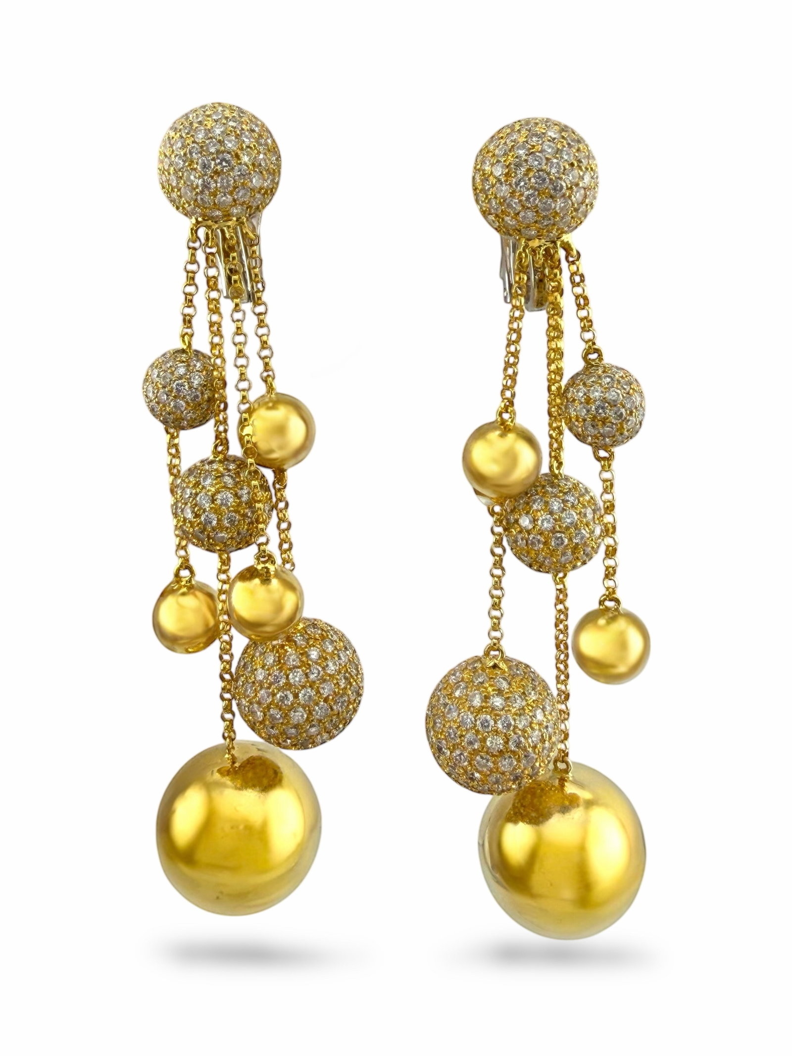 Earrings - 18 kt. Yellow gold, 18K Yellow Gold and Diamond Ball Drop Earrings: Vintage 18K Yellow Gold Diamond Ball Drop EarringsA captivating pair of 18K yellow gold earrings designed with elegant dangling spheres fully adorned in brilliant diamonds. The intricate craftsmanship