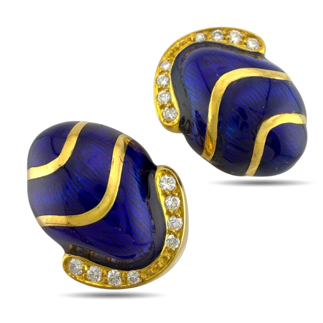 Earrings - 14 kt. Yellow gold, Exclusive 14K Yellow Gold Blue Enamel and 0.24ct Diamond Earrings -: Exclusive 14K Yellow Gold Blue Enamel and 0.24ct Diamond EarringsThese striking 14K yellow gold earrings feature deep blue enamel accented with flowing gold wave motifs, culminating in a delicate row 