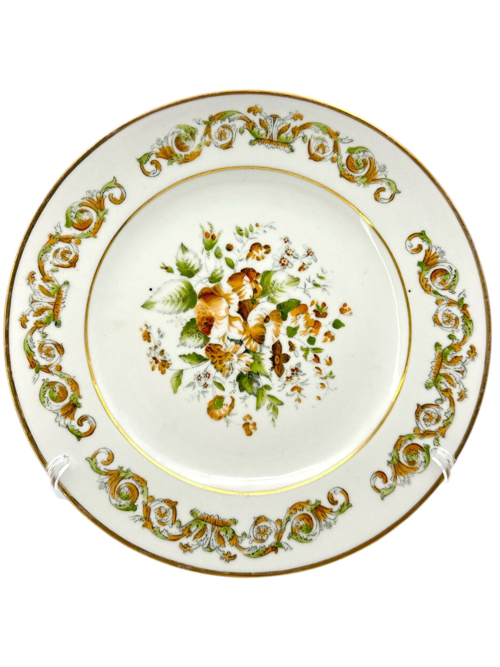Imperial Russian Popov (AP) Manufactory Porcelain Floral Painting Soup Plate - Plate - Porcelain: Imperial Russian AP Popov porcelain factory plate / soup bowl with transfer decorated florals and gold banded rimsThe Popov Manufactory was among the most important private manufacturers of hard-paste