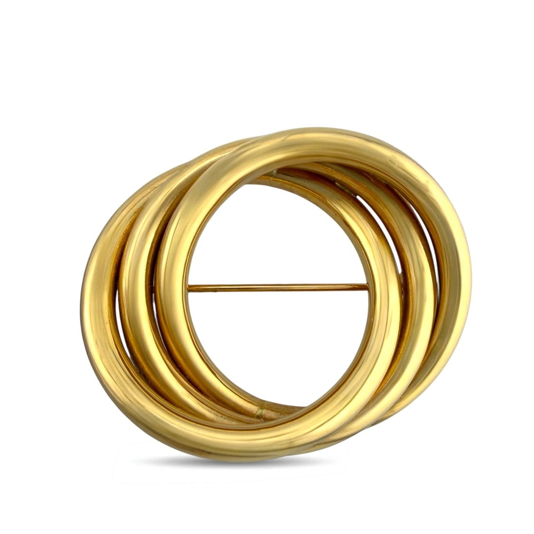 14K Yellow Gold Tiffany and Co Interlocking Infinity Brooch: 14K Yellow Gold Tiffany and Co Interlocking Infinity BroochA refined brooch by Tiffany and Co crafted in warm 14 karat yellow gold, featuring three circular forms elegantly interlocking in a continuou