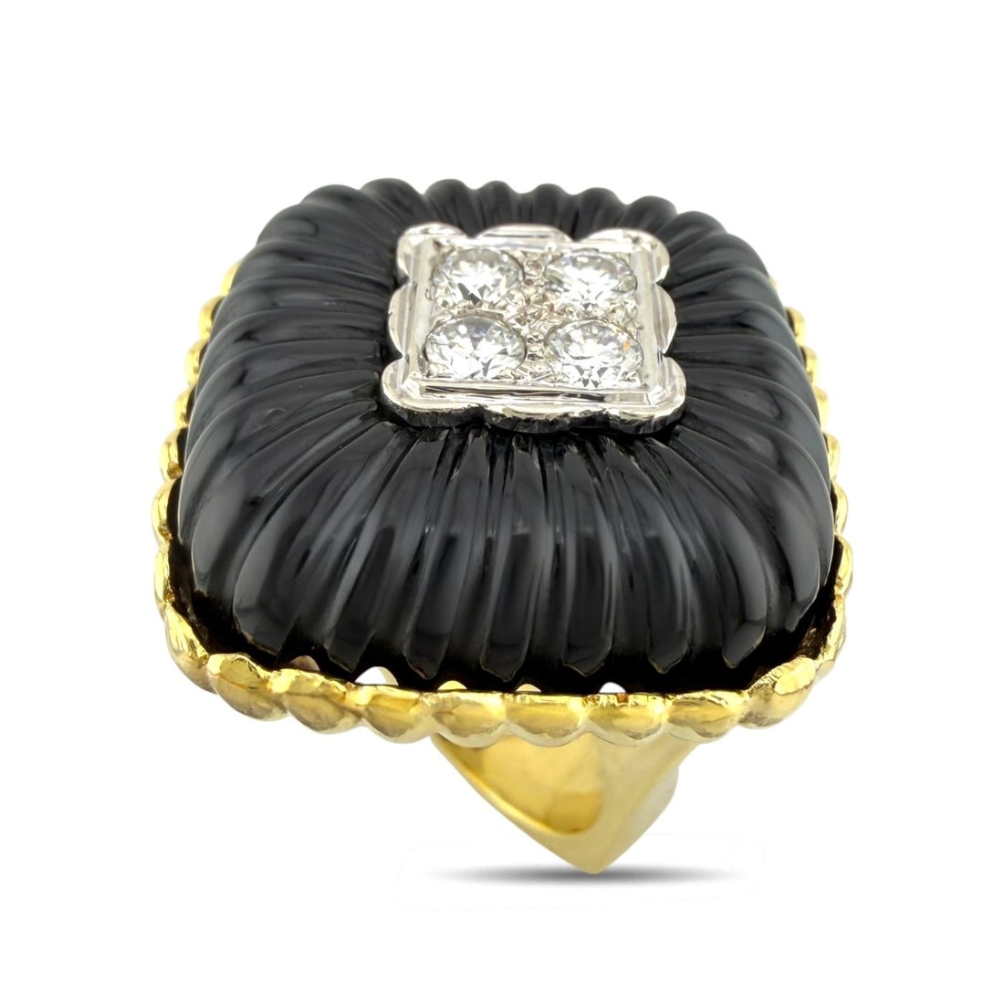 14K Yellow Gold 0.40ct Diamond and Onyx Statement Ring - 0.40ct. tw. Diamond: Exclusive 14K Yellow Gold 0.40ct Diamond and Onyx Statement RingA bold and commanding design, this substantial ring showcases a striking square onyx centerpiece framed by brilliant diamonds. The contr