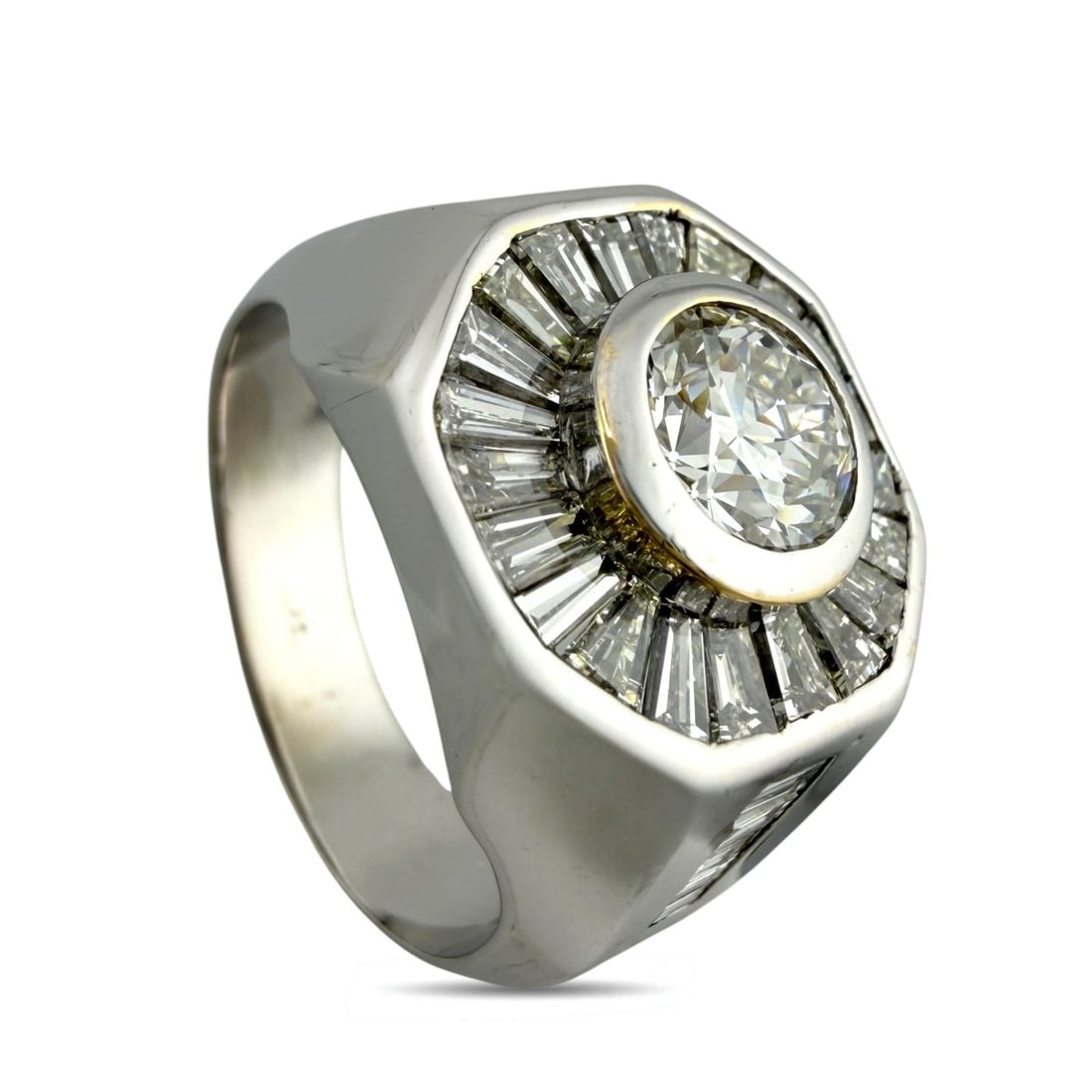 14K White Gold 1.95ct Diamond Statement Ring, White gold - 1.95ct. tw.: Exclusive 14K White Gold 1.95ct Diamond Statement RingA powerful unisex design centered around a striking brilliant cut diamond, framed by a precise arrangement of rectangular diamonds that enhance it