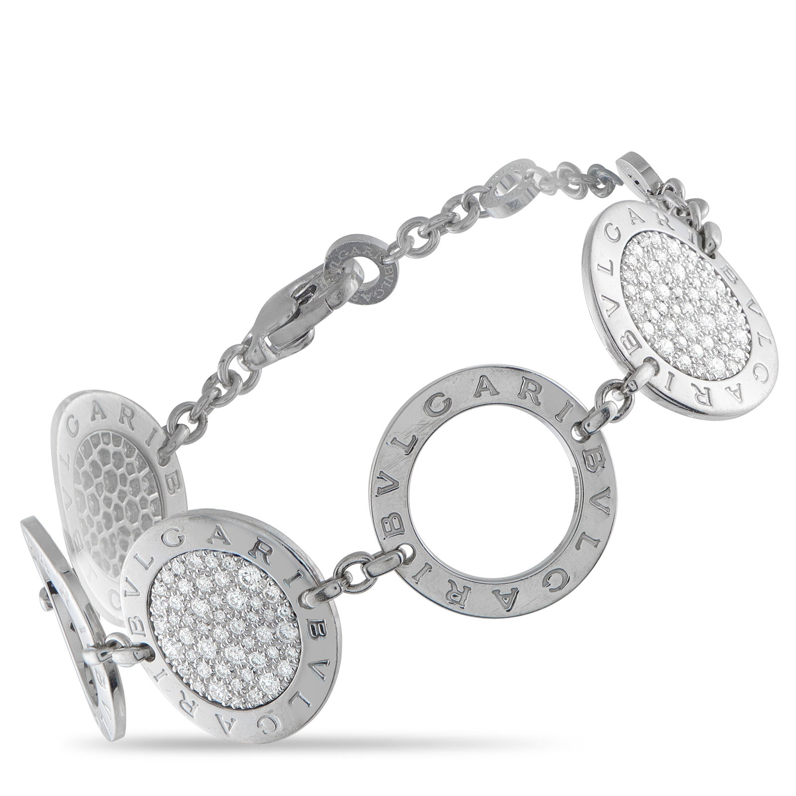 BVLGARI 18K White Gold 1.80ct Diamond Bracelet: This Bvlgari bracelet features a sleek, sophisticated design. Crafted from 18K White Gold, the circular motifs are accented by inset Diamonds totaling 1.80 carats as well as the luxury brand’s signa