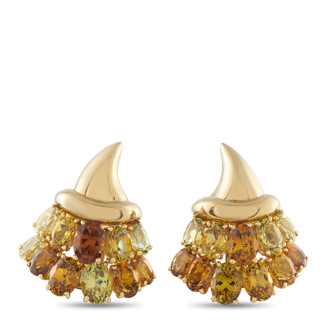 VERDURA 18K Yellow Gold Garnet Cornucopia Earrings: VERDURA 18K Yellow Gold Garnet Cornucopia Earrings The classic cornucopia is reinvented on these chic Verdura earrings. Multicolored Garnets add texture and dimension to the contemporary design. Craft