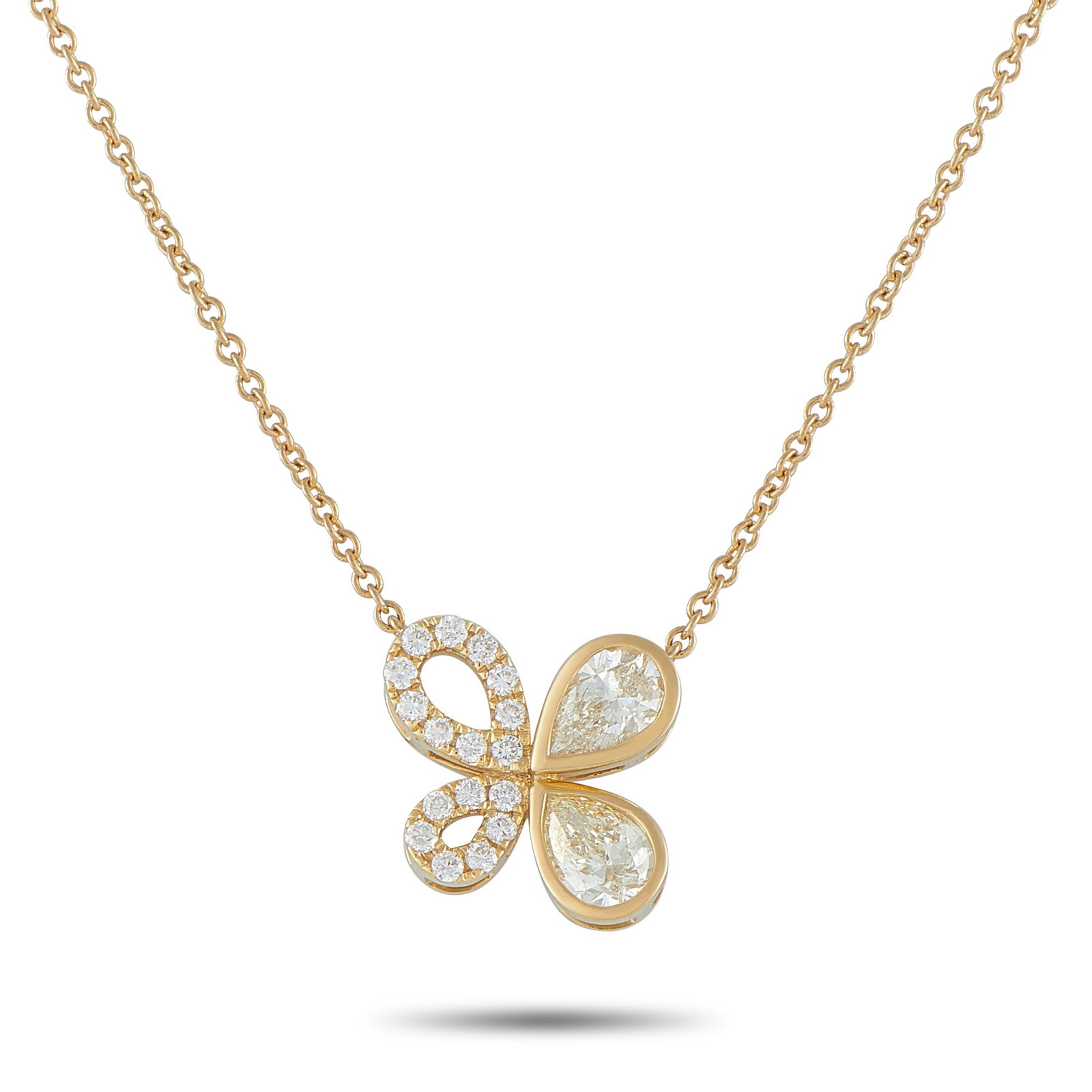 18K Yellow Gold 1.70ct Diamond Asymmetrical Butterfly Necklace: Polished yet wearable, this Exclusive necklace is made to be worn from morning through evening without effort. It is crafted in yellow gold and features a butterfly-inspired pendant defined by an asym