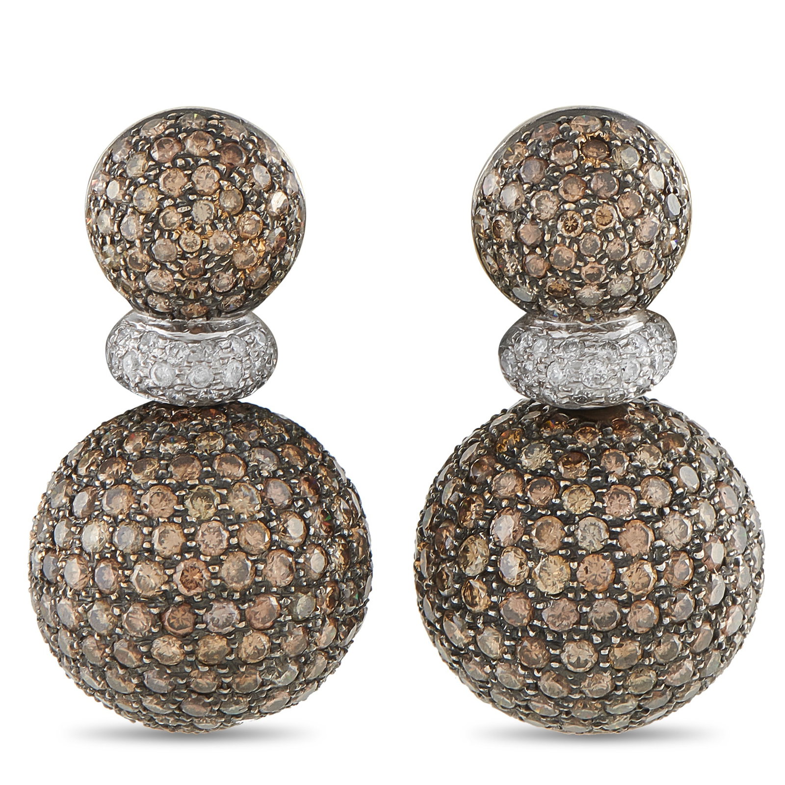 18K White Gold 17.10ct Diamond Earrings: These earrings are chic and incredibly contemporary. Colored and White Diamonds with a total weight of 17.10 carats come together to create an instantly captivating two-toned design. Crafted from 18K 
