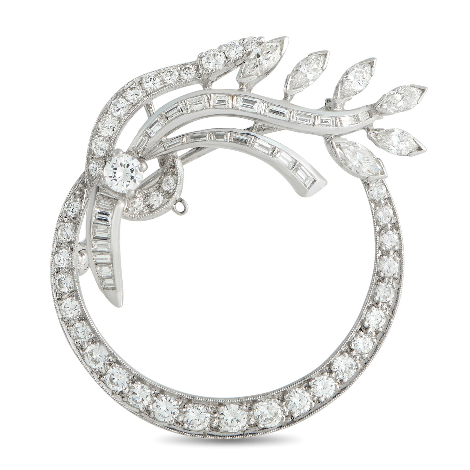 Platinum 3.50ct Diamond Brooch: An intricate design makes this brooch a delicate luxury piece that will continually take your breath away. The circular Platinum setting seemingly radiates light thanks to sparkling Diamonds with a to