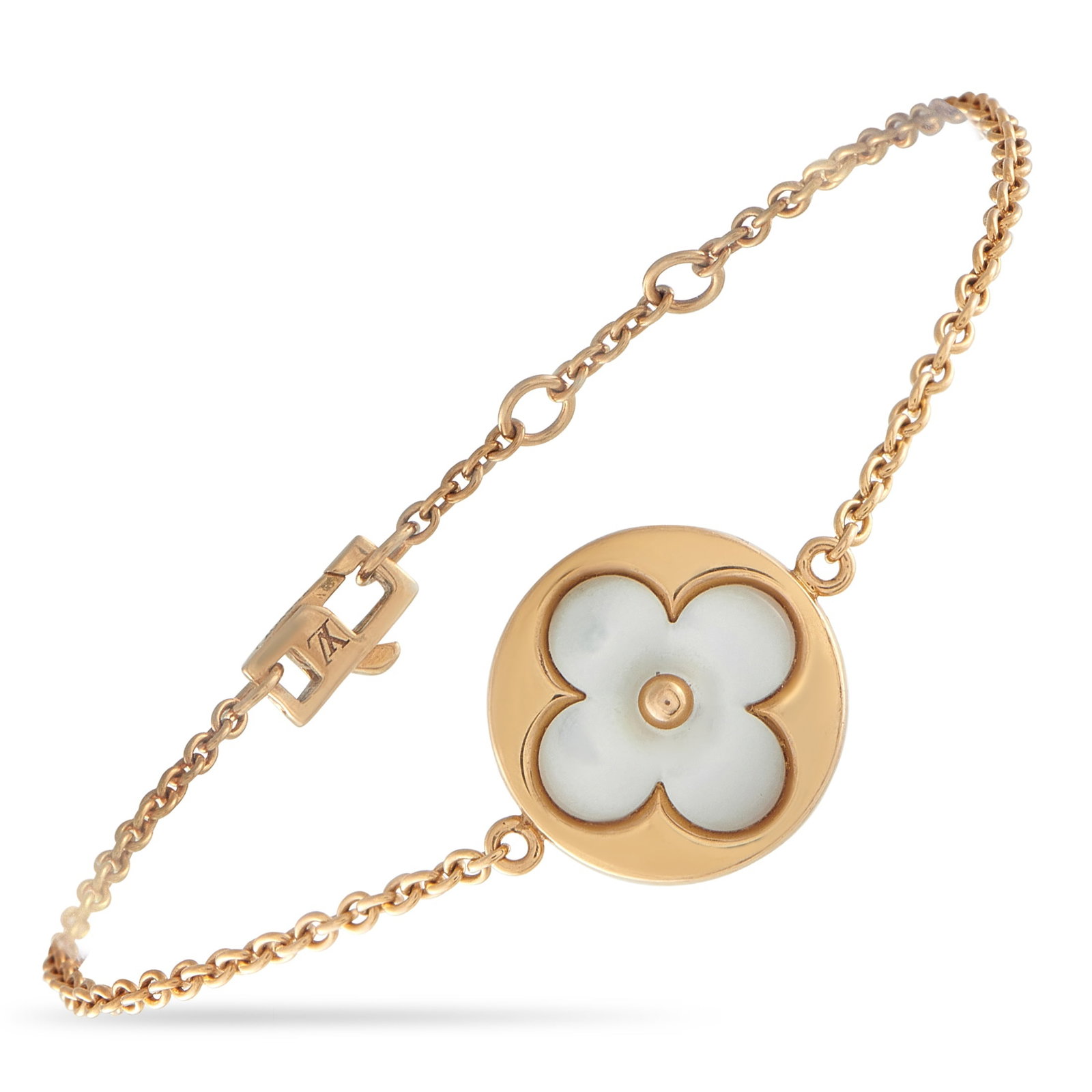 LOUIS VUITTON Color Blossom 18K Yellow Gold Mother of Pearl Bracelet: This Louis Vuitton Color Blossom bracelet is stylish, elegant, and ideal for everyday wear. At the center of this instantly recognizable luxury piece, a sun motif carved from luminous Mother of Pearl 