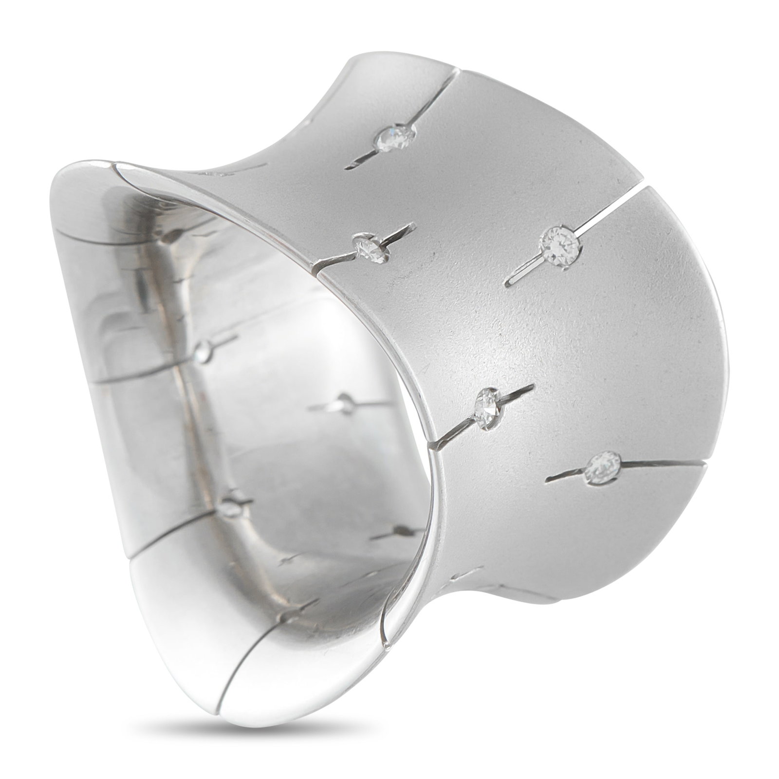 ROBERTO COIN 18K White Gold Diamond Wide Convex Ring: A ring like this is made for the jewelry lover who prefers presence over excess. This Roberto Coin creation in 18K white gold is defined by its bold 18mm width and convex contour. The satin-finish sur