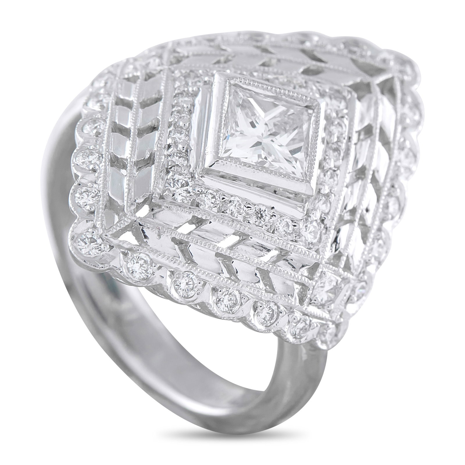 Platinum 0.91ct Diamond Ring: An intricate, lace-like pattern makes this luxury ring a work of art. Incredibly elegant, Diamonds with a total weight of 0.91 carats elevate the Platinum setting. It features a 3mm wide band and a 5m