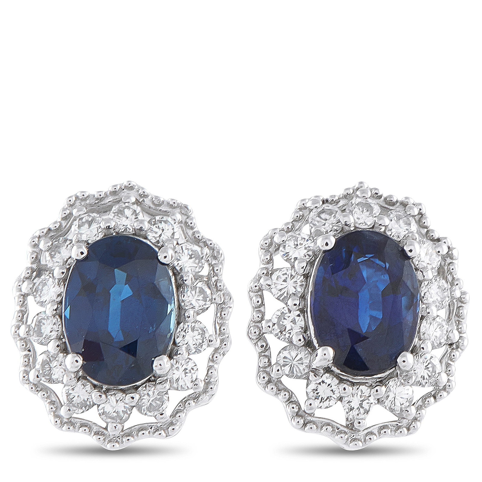Platinum 0.53ct Diamond and Sapphire Earrings: These luxury earrings are ideal for any occasion. Sapphires with a total weight of 2.36 carats make them instantly captivating. Set in Platinum, Diamonds with a total weight of 0.53 carats provide the