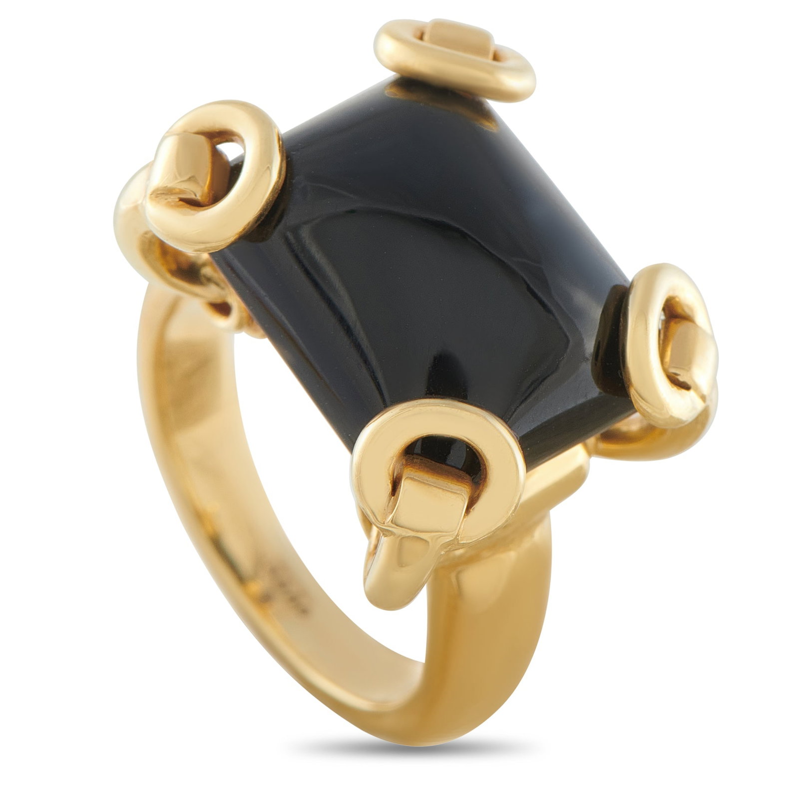 GUCCI 18K Yellow Gold Onyx Ring: This Gucci ring is a unique piece that will add luxury to any ensemble. The dynamic 18K Yellow Gold setting perfectly showcases the sleek Onyx stone at the center. It features a 3mm wide band and an 1
