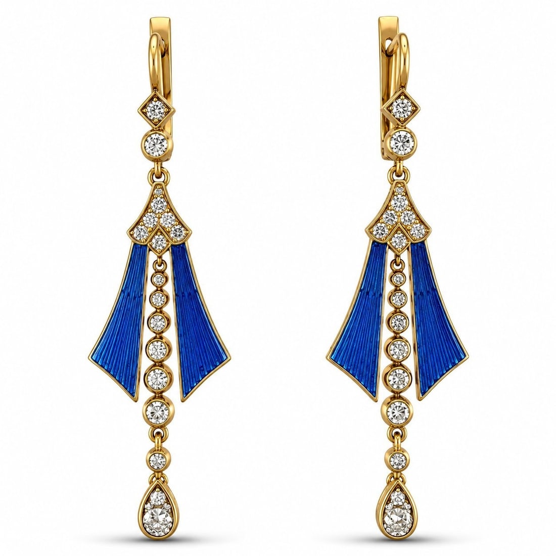 Imperial Russian 56 Gold Blue Enamel and 2.0ct Diamond Earrings: Imperial Russian 56 Gold Blue Enamel and 2.0ct Diamond Earrings A refined pair of Imperial Russian earrings crafted in yellow gold with rich blue enamel detailing and dangling diamond strands. The elo
