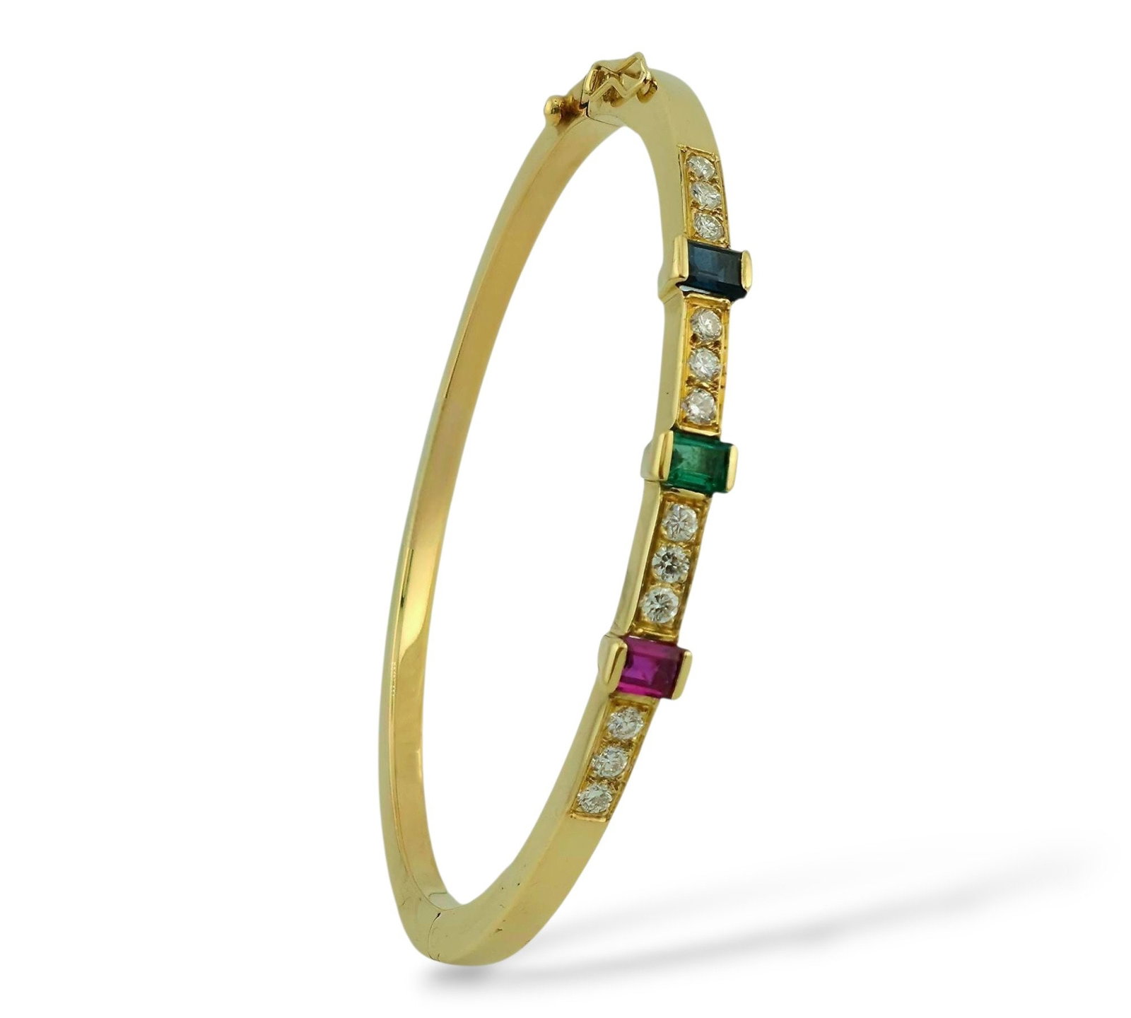 18K Gold Emerald, Sapphire Ruby and 2.16ct Diamond Bracelet: 18K Gold Emerald, Sapphire Ruby and 2.16Ct Diamond Bracelet Material; 18K Gold Size: diameter inside 57.5mm Diamonds: 12 Natural round Diamonds, each 3mm, 0.18ct, Total 2.16 Carats Size of other stone