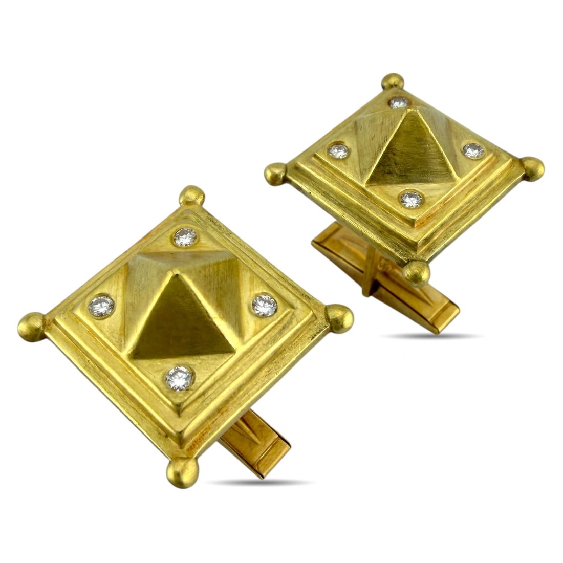 Doris Panos 18K Yellow Gold 0.24ct Diamond Cufflinks: Doris Panos 18K Yellow Gold 0.24ct Diamond Cufflinks Crafted in rich 18K yellow gold, these vintage cufflinks present a bold and elegant silhouette with a refined geometric design. Each cufflink featu