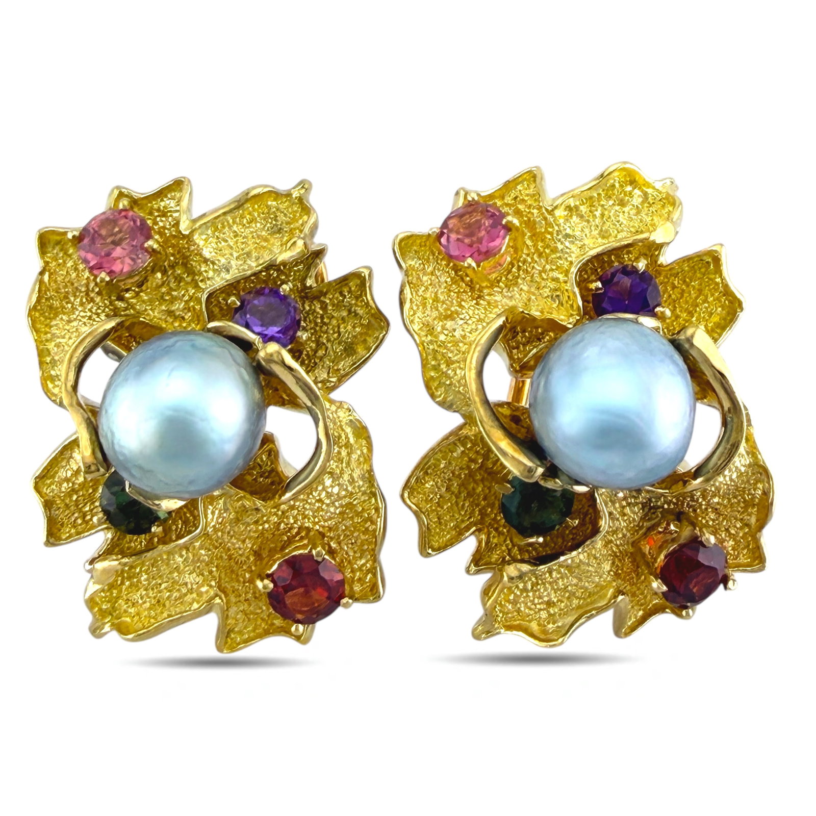 18K Yellow Gold Multi-Gemstone and Pearl Earrings: 18K Yellow Gold Multi-Gemstone and Pearl Earrings A sophisticated pair of 18K gold earrings featuring a harmonious arrangement of vivid gemstones surrounding a central pearl. Each earring showcases a 