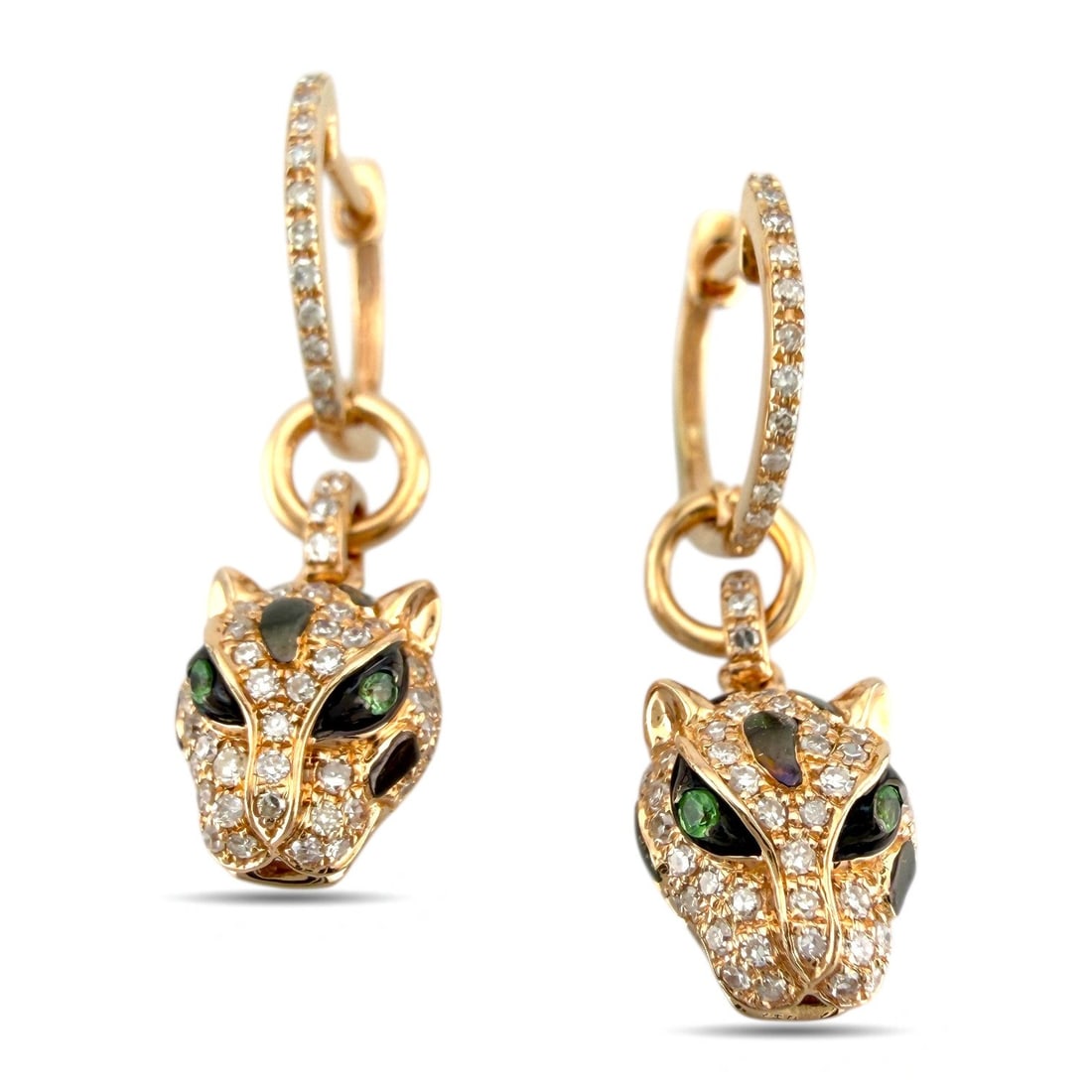 14K Rose Gold Diamond, Emerald, and Enamel Leopard Earrings: 14K Rose Gold Diamond, Emerald, and Enamel Leopard Earrings These sculpted leopard earrings bring elegance and character together through refined details. Crafted in warm 14K rose gold, each feline pr