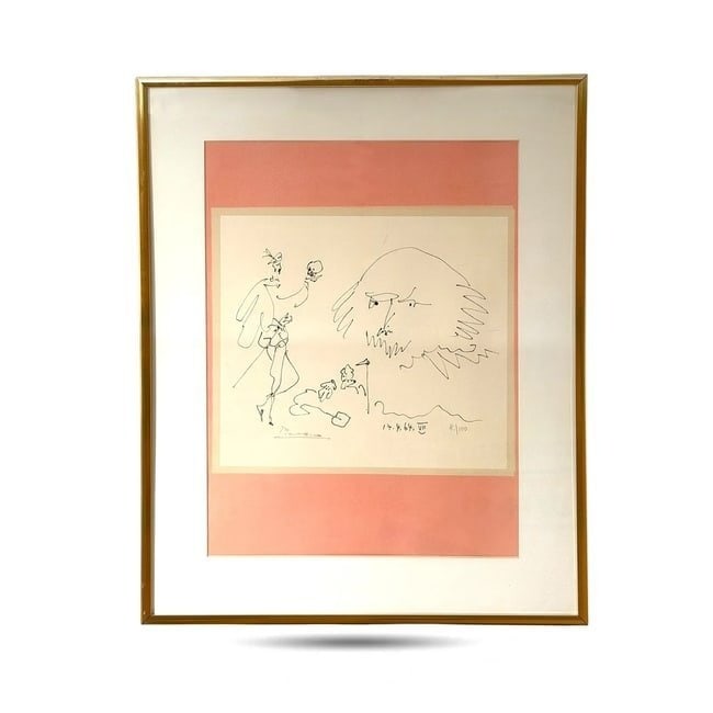 Pablo Picasso A lithograph print Limited Edition 8/100 Signed and Dated 1964: Pablo Picasso A lithograph print Limited Edition 8/100 Signed and Dated 1964 A lithograph print, Pablo Picasso,print signed and dated 17.4.64 with edition number 8/100. Artwork depicts a figural sketc