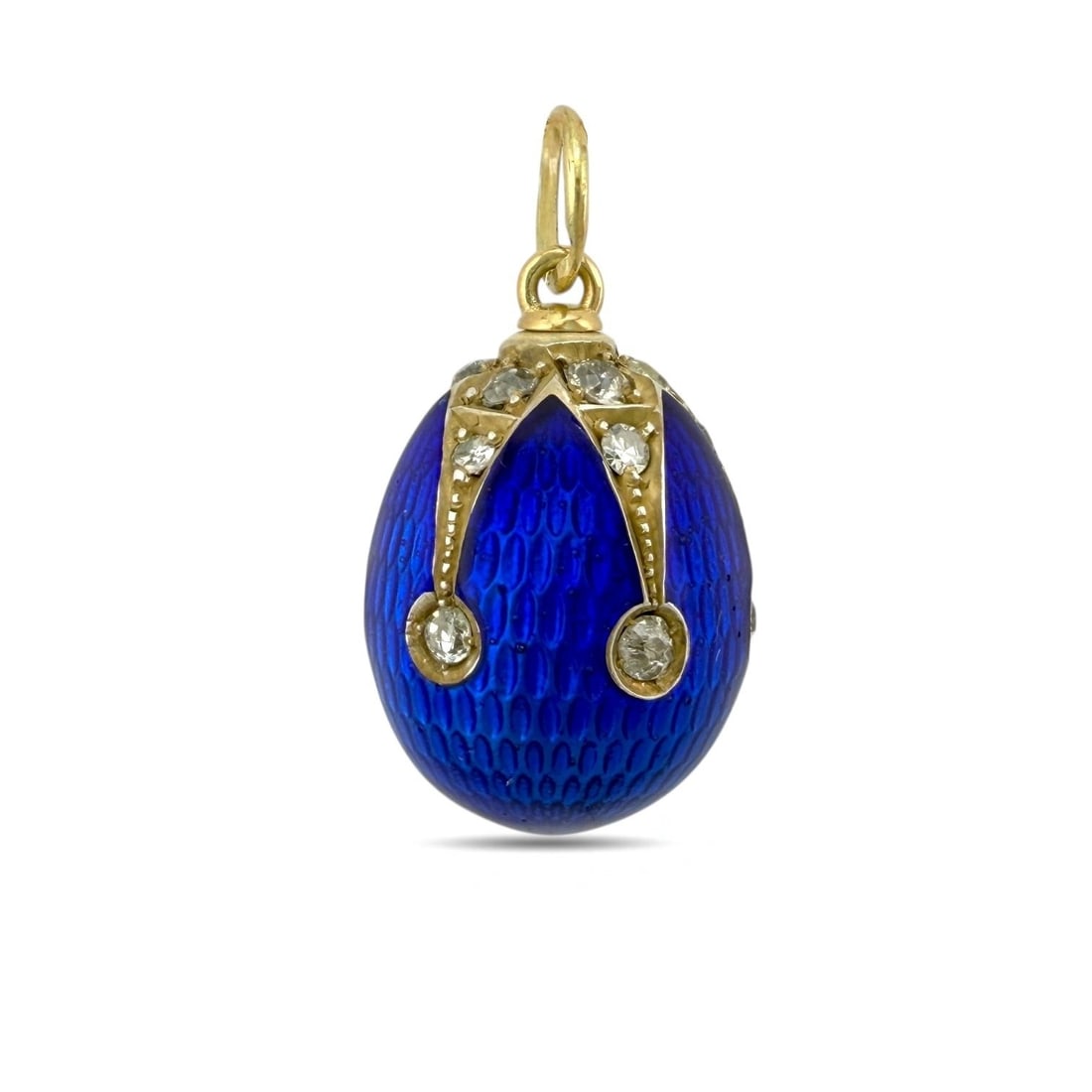 Imperial Russian 14K Yellow Gold and Blue Enamel 0.9ct Diamond Egg Pendant: Imperial Russian 14K Yellow Gold and Blue Enamel 0.9 Carats Diamond Egg Pendant An authentic Imperial Russian treasure, this exquisite egg pendant exemplifies the masterful craftsmanship of the Imperi