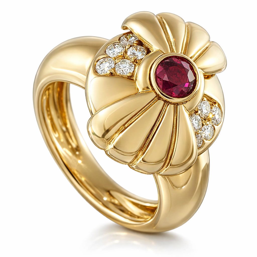 Boucheron Vintage 18K Yellow Gold Diamond and Burma Ruby Ring: BOUCHERON Vintage 18K Yellow Gold Diamond and Burma Ruby Ring A unique design makes this vintage Boucheron ring an elegant addition to any jewelry collection. Crafted from 18K Yellow Gold, inset gemst