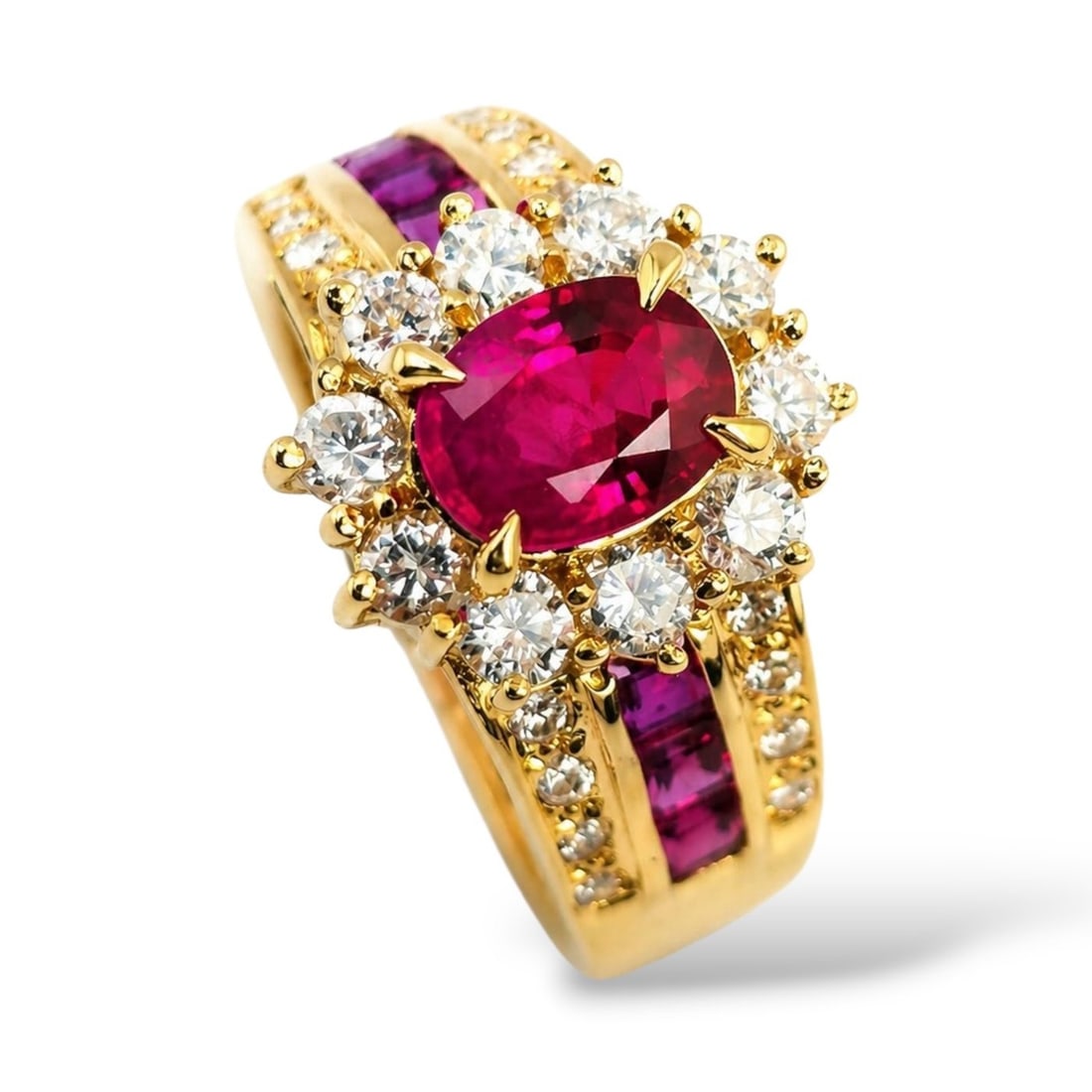 18K Yellow Gold and 1.08ct Diamond and Ruby Ring: 18K Yellow Gold and 1.08ct Diamond and Ruby Ring This ornate ring presents a vivid ruby at its center surrounded by additional ruby accents that create a rich, elegant display of color. The diamonds a