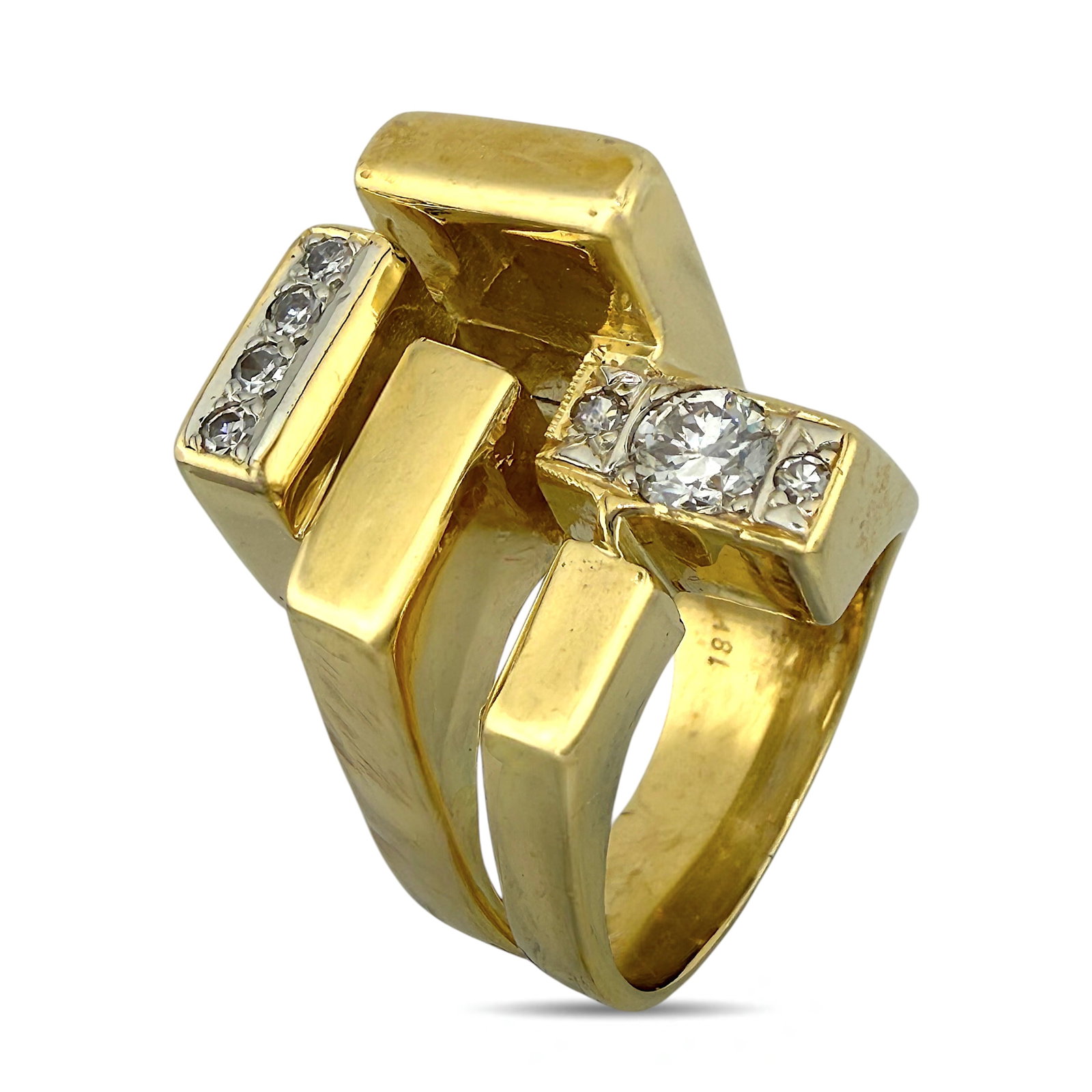 18K Yellow Gold 0.5ct Diamond Pillar Cocktail Ring: 18K Yellow Gold 0.5ct Diamond Pillar Cocktail Ring This substantial cocktail ring is crafted in 18K yellow gold and features a sculptural design of rising pillars that create strong architectural pres