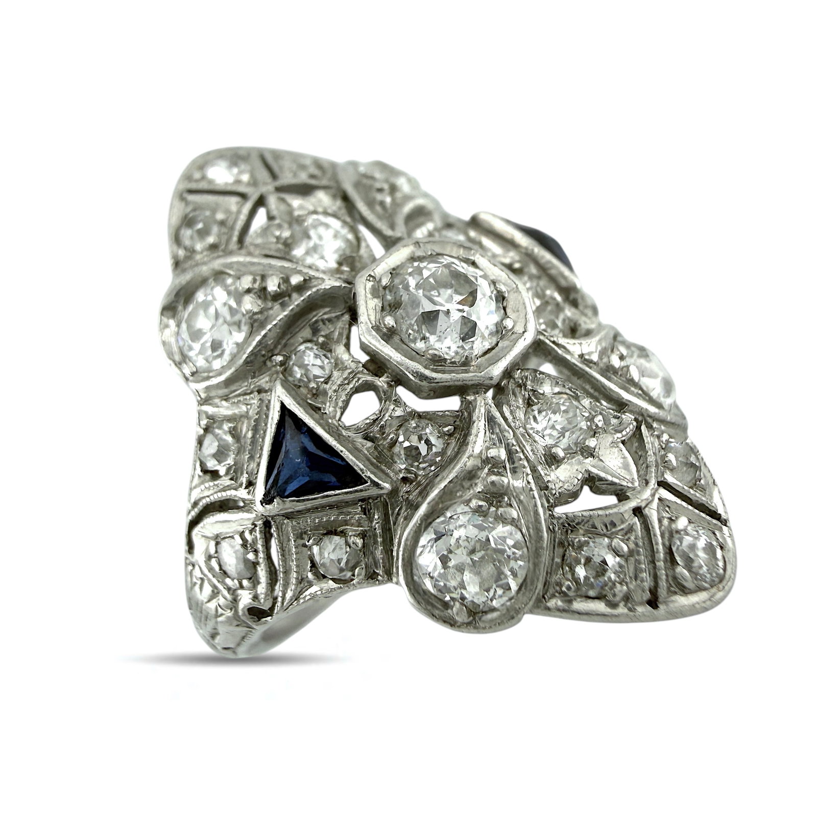 Platinum Art Deco 1.07ct Diamond and Sapphire Ring: Platinum Art Deco 1.07ct Diamond and Sapphire Ring This exquisite Art Deco ring in platinum is accented with a harmonious arrangement of vibrant sapphires. Each stone is meticulously set to emphasize 