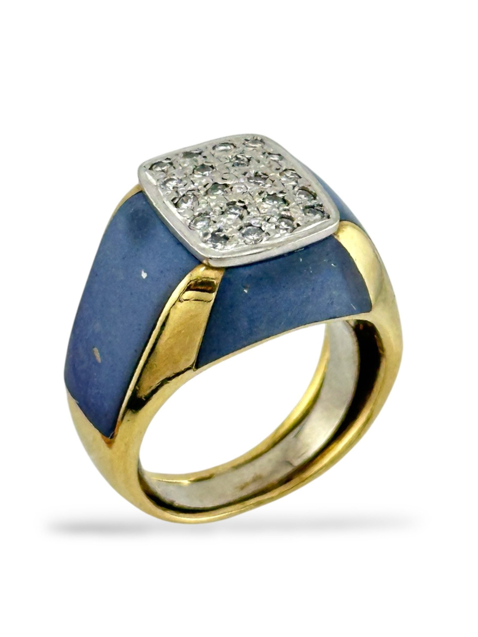 Bellarri 18K Enameled Gold Diamond Ring: Bellarri 18k enameled gold diamond ring. It features a blue enamel band with gold accents and a rectangular centerpiece set with diamonds. The style is described as sleek and contemporary, showcasing 