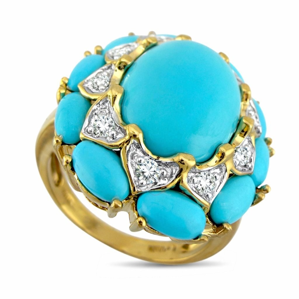 14K Yellow Gold 0.5ct Diamond and Turquoise Ring: 14K Yellow Gold 0.5ct Diamond and Turquoise Ring This 14K yellow gold ring showcases a row of vibrant turquoise and diamond stones that bring bright color and classic charm to your hand. The substanti
