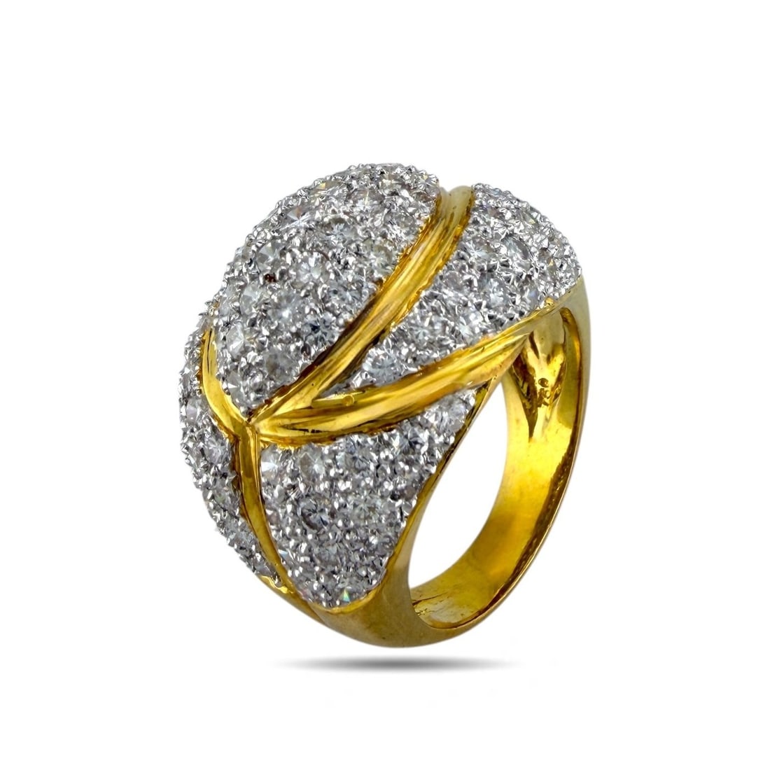 18K Yellow Gold Cocktail Ring with 2.55ct of Diamonds: 18K Yellow Gold Cocktail Ring with 2.55 Carats of Diamonds A dazzling display of vintage glamour, this bold cocktail ring is crafted in radiant 18K yellow gold and encrusted with 103 round brilliant-c