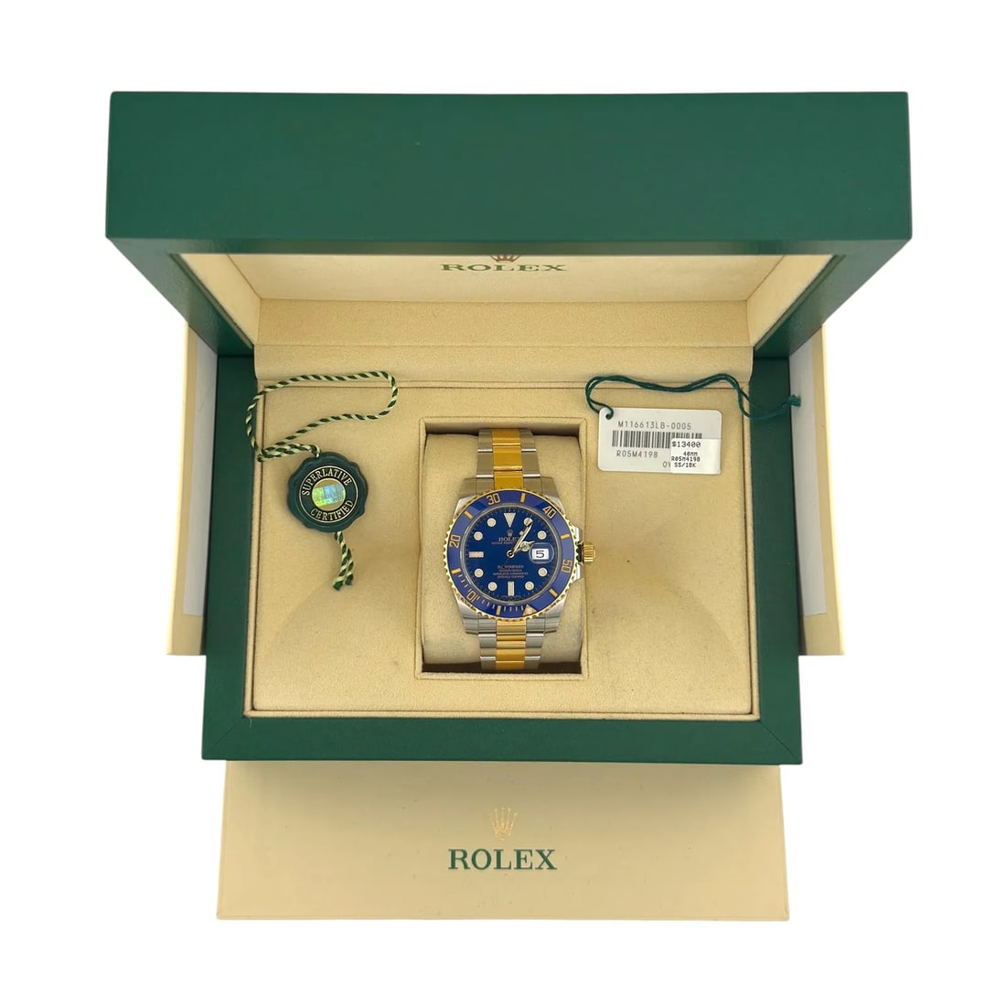 Rolex Submariner Date 116613LB Stainless Steel Yellow Gold Blue Dial "Bluesy" Year 2018 Watch: The Rolex Submariner Date 116613LB, affectionately known as the "Bluesy," masterfully combines robust functionality with luxurious design. Featuring a 40mm stainless steel case accented by 18k yellow 