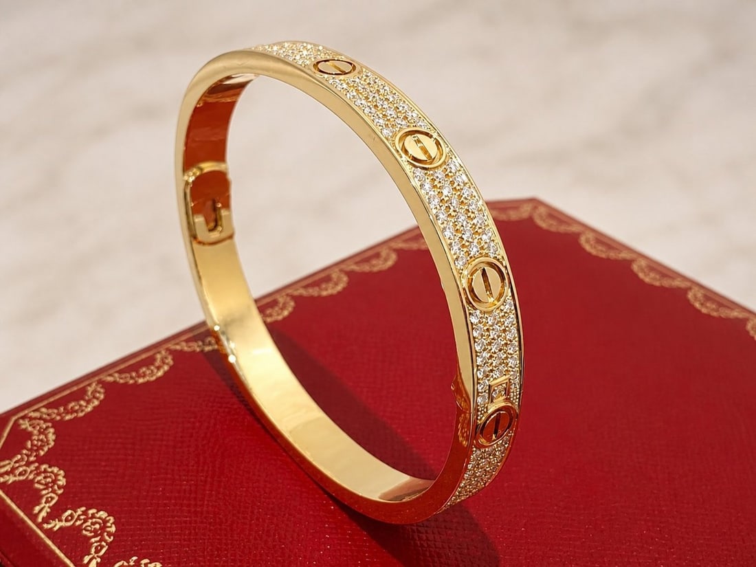 18K Cartier 18K Rose Gold Diamond-Pave Love Bracelet Size 18: Cartier 18K Rose Gold Diamond-Pave Love Bracelet, Size 18 Elegant Cartier Love Bracelet crafted in 18K rose gold, fully diamond-pave set for a luxurious and timeless look. Brand: Cartier Metal: 18K Ro