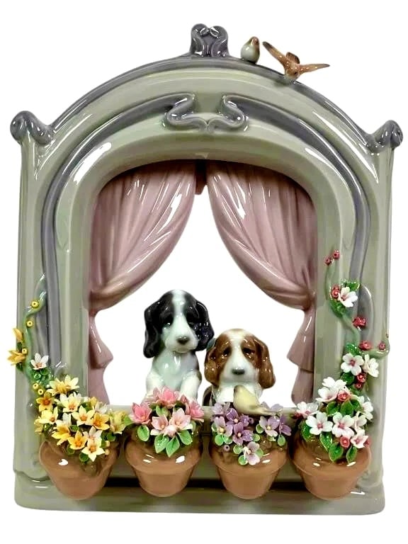 Lladro Limited Edition Porcelain Please Come Home model 6502: Lladro Limited Edition Porcelain Please Come Home model 6502Lladro porcelain figurine titled Please Come Home! (model 6502), featuring two dogs looking out of a window adorned with pink curtains and f