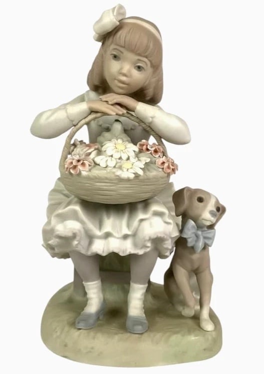 Retired LLADRO Girl with Flowers # 1088 Girl w Flower Basket & Dog Mint Spain: Retired LLADRO Girl with Flowers # 1088 Girl w Flower Basket & Dog Mint SpainLladro porcelain figurine titled Girl with Flowers and Dog, model number 1088. Depicts a young girl seated with a basket of