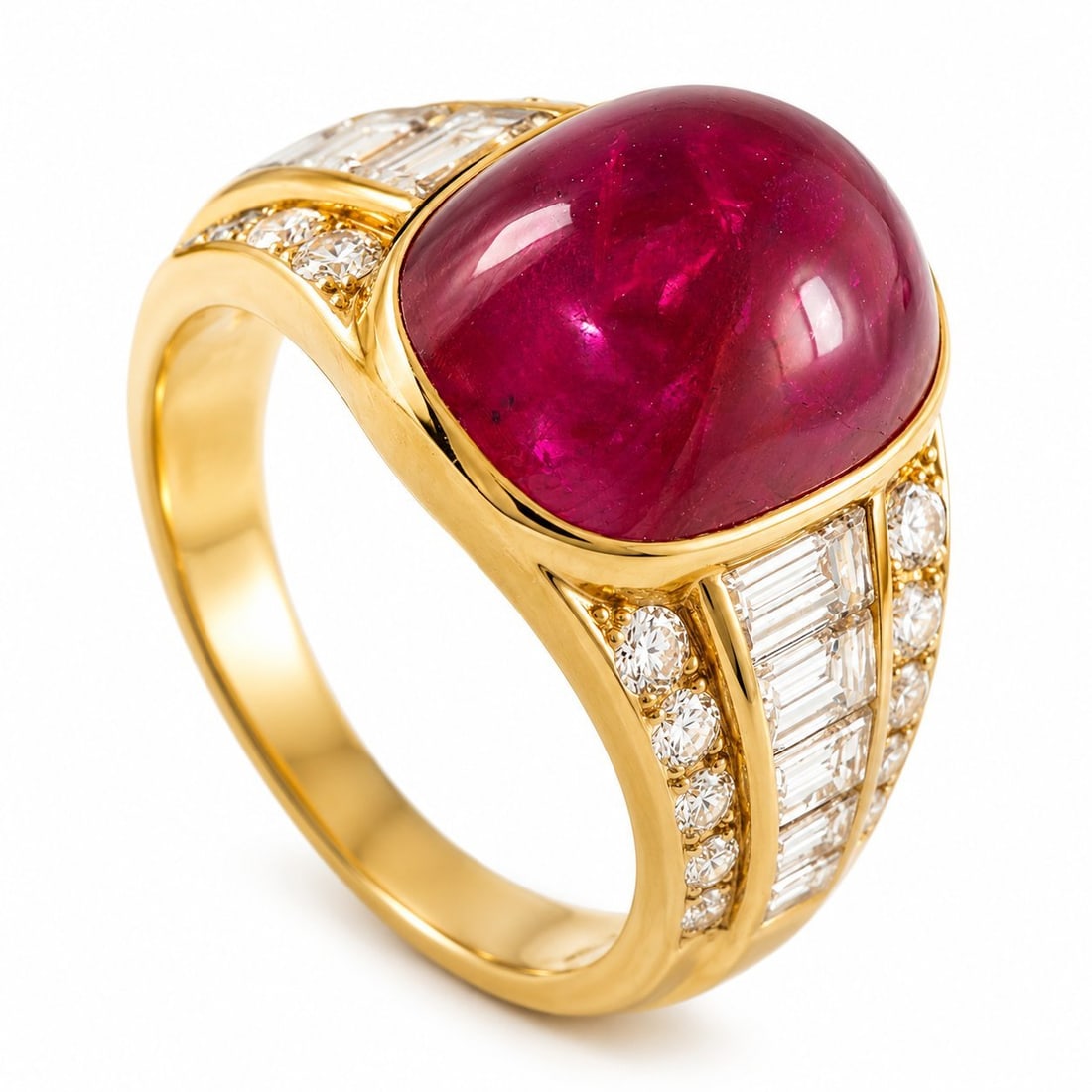 Van Cleef & Arpels 18K Yellow Gold 1.96ct Diamond and 11.70ct Burma Ruby Ring: Van Cleef & Arpels Vintage 18K Yellow Gold 1.96ct Diamond and Burma No Heat Ruby Ring This vintage Van Cleef & Arpels ring is a timeless luxury piece that will never go out of style. At the center, a 