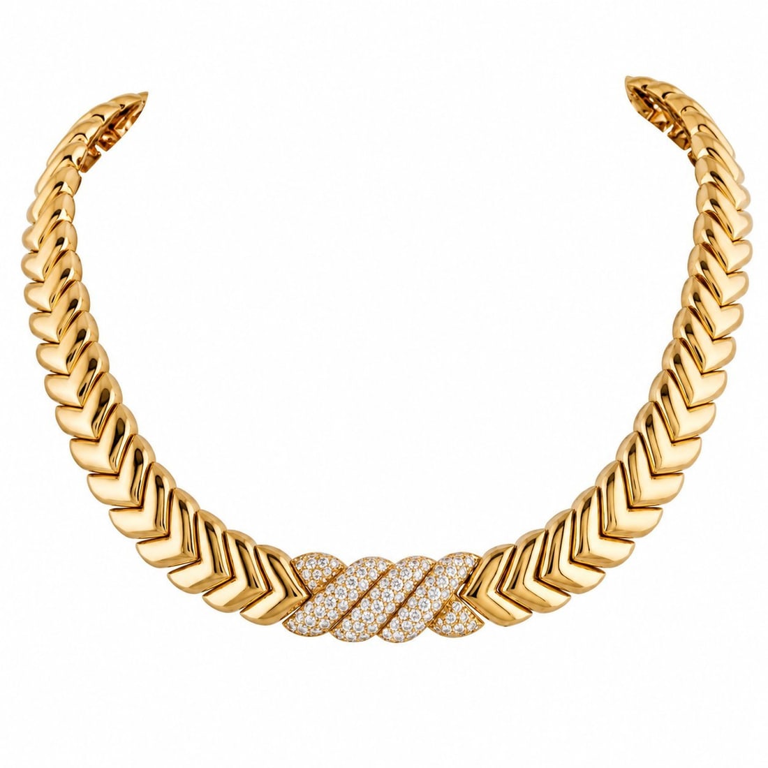 Van Cleef & Arpels 18K Yellow Gold and Diamond Necklace: Van Cleef & Arpels 18K Yellow Gold and 4.0ct Diamond Necklace A sleek, sophisticated design makes this Van Cleef & Arpels necklace impossible to ignore. Chevron links crafted from 18K Yellow Gold add 
