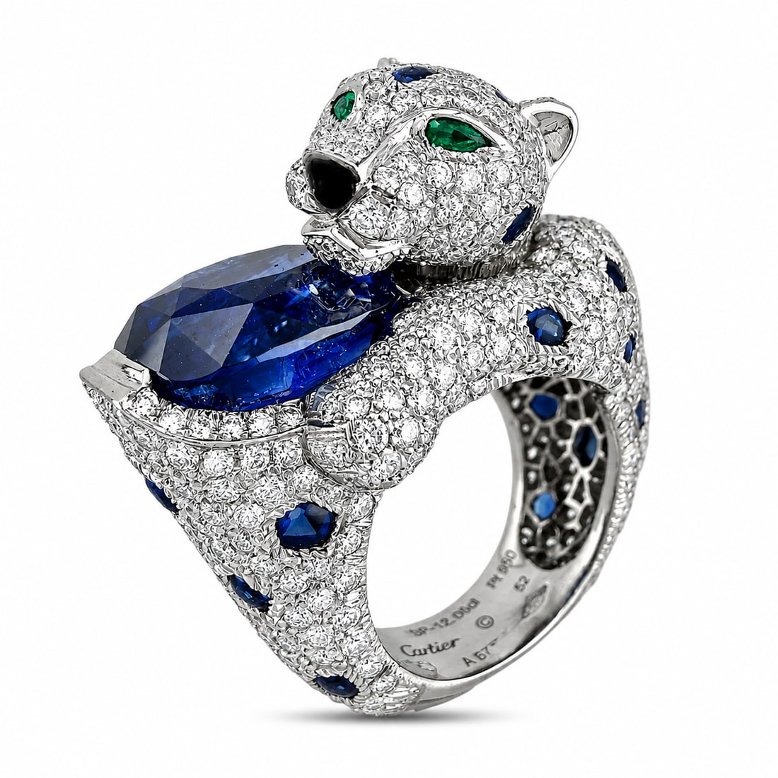 PANTHÈRE DE CARTIER 12.0ct Sapphire and Diamond Vintage Ring MSRP $400K: PANTHÈRE DE CARTIER 12.0ct Sapphire and Diamond Vintage Ring MSRP $400K An exceptional and highly collectible Panthère de Cartier ring, masterfully crafted in platinum 950/1000 and centered with a m